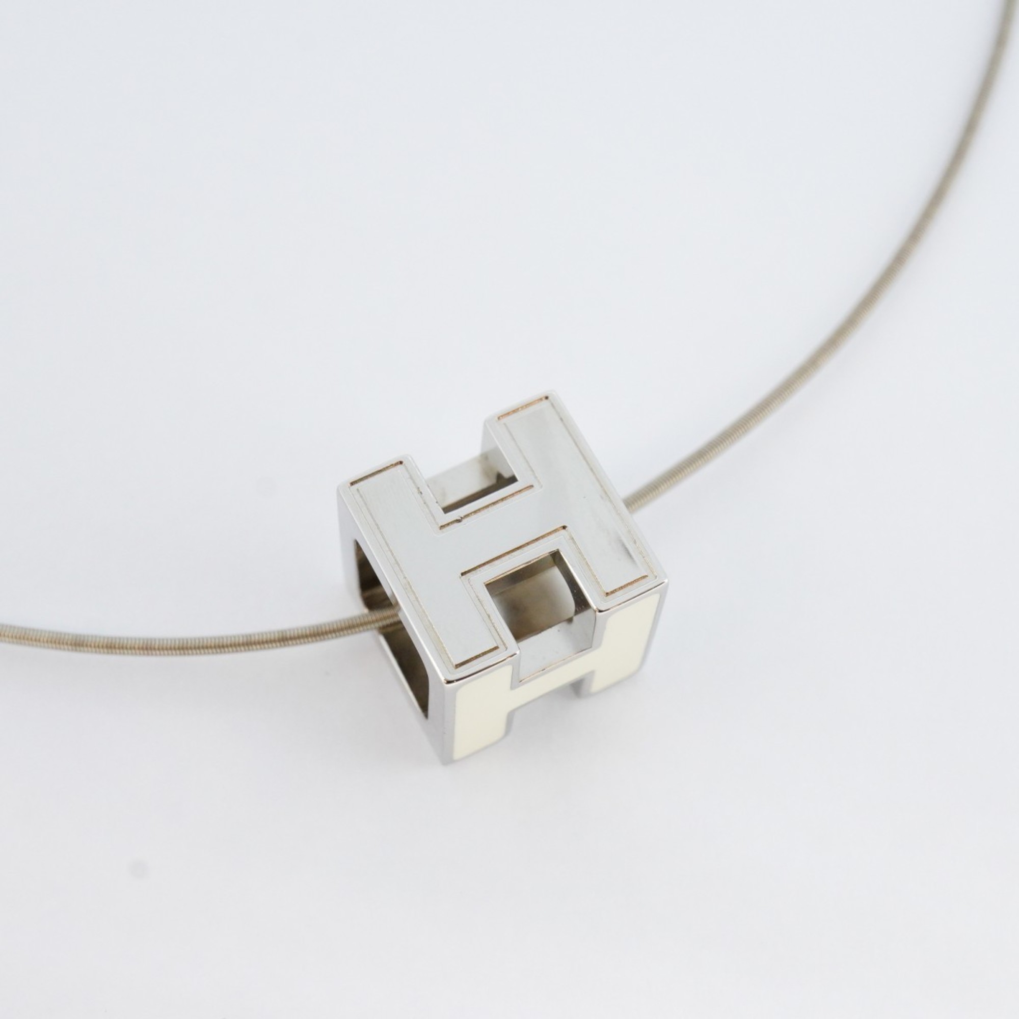 Hermes Necklace Cage d'Ash Metal Silver White Ladies