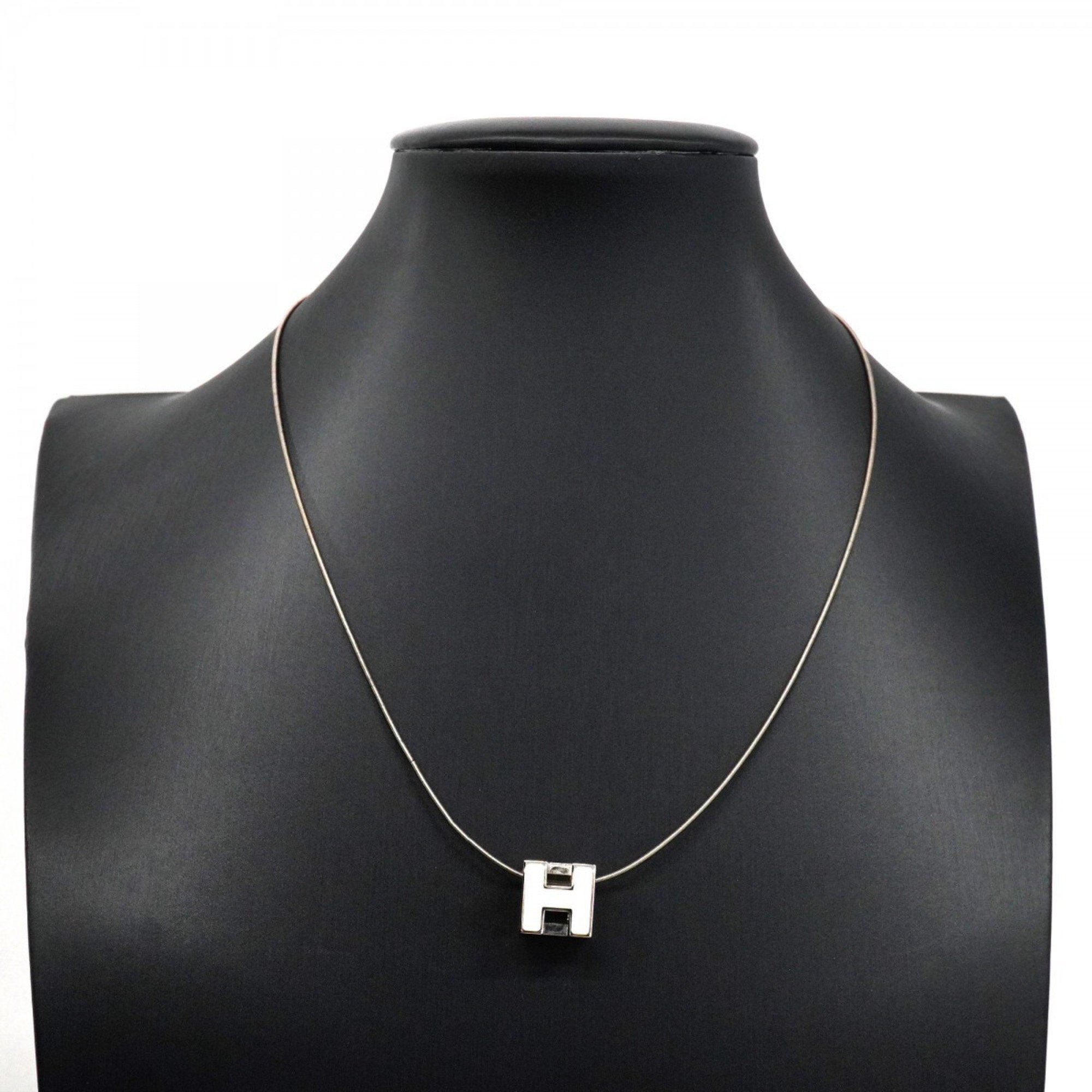 Hermes Necklace Cage d'Ash Metal Silver White Ladies