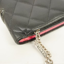 Chanel Wallet Cambon Lambskin Patent Leather Black Pink Women's