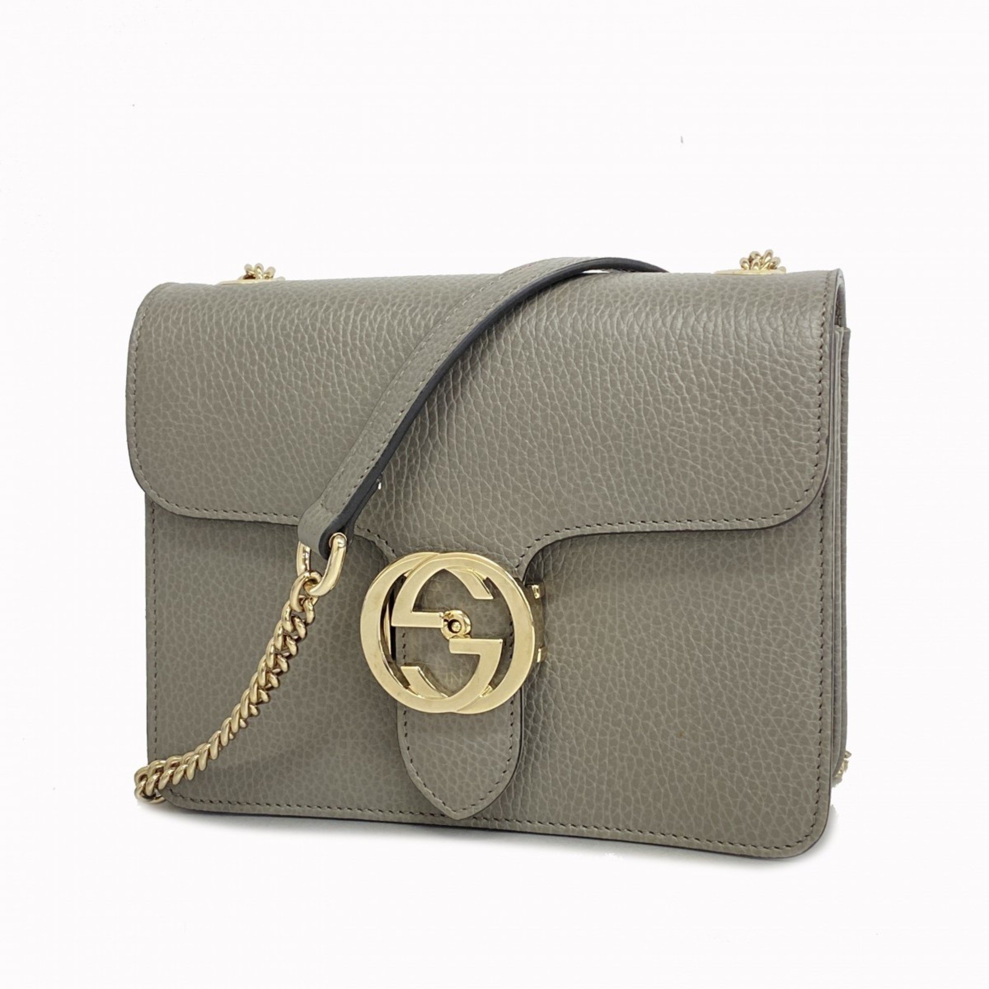 Gucci Shoulder Bag Interlocking G 510304 Leather Grey Champagne Women's