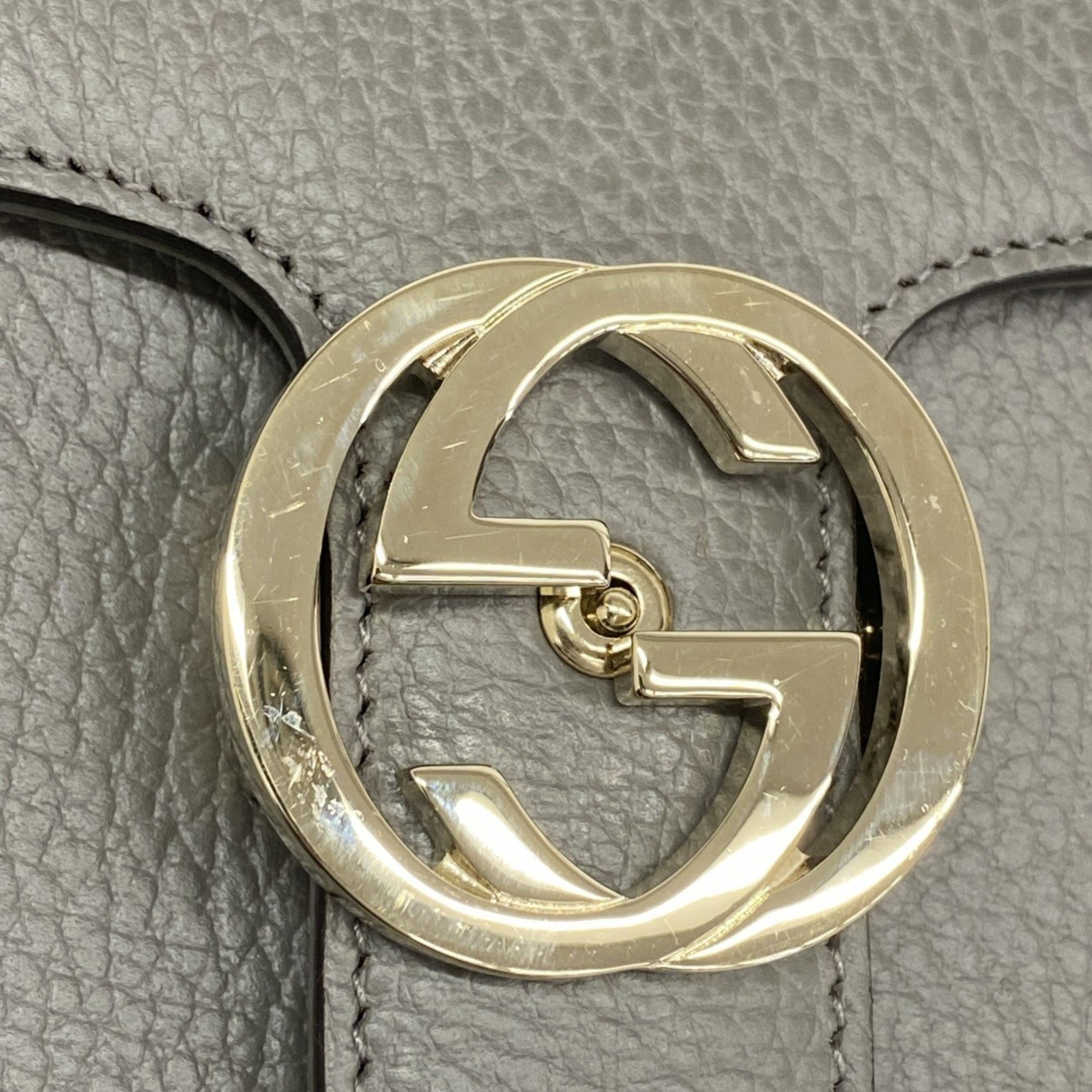 Gucci Shoulder Bag Interlocking G 510304 Leather Grey Champagne Women's