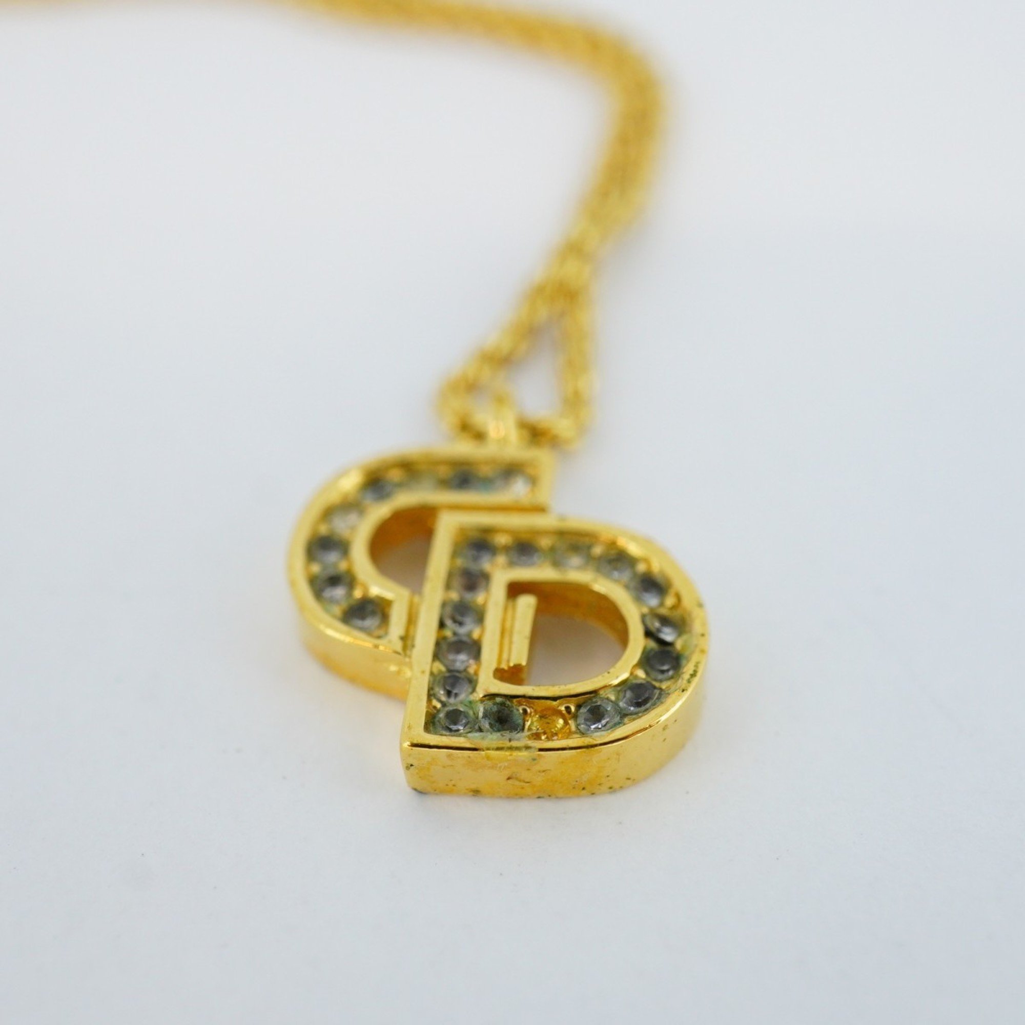 Christian Dior Necklace CD Rhinestone GP Plated Gold Ladies