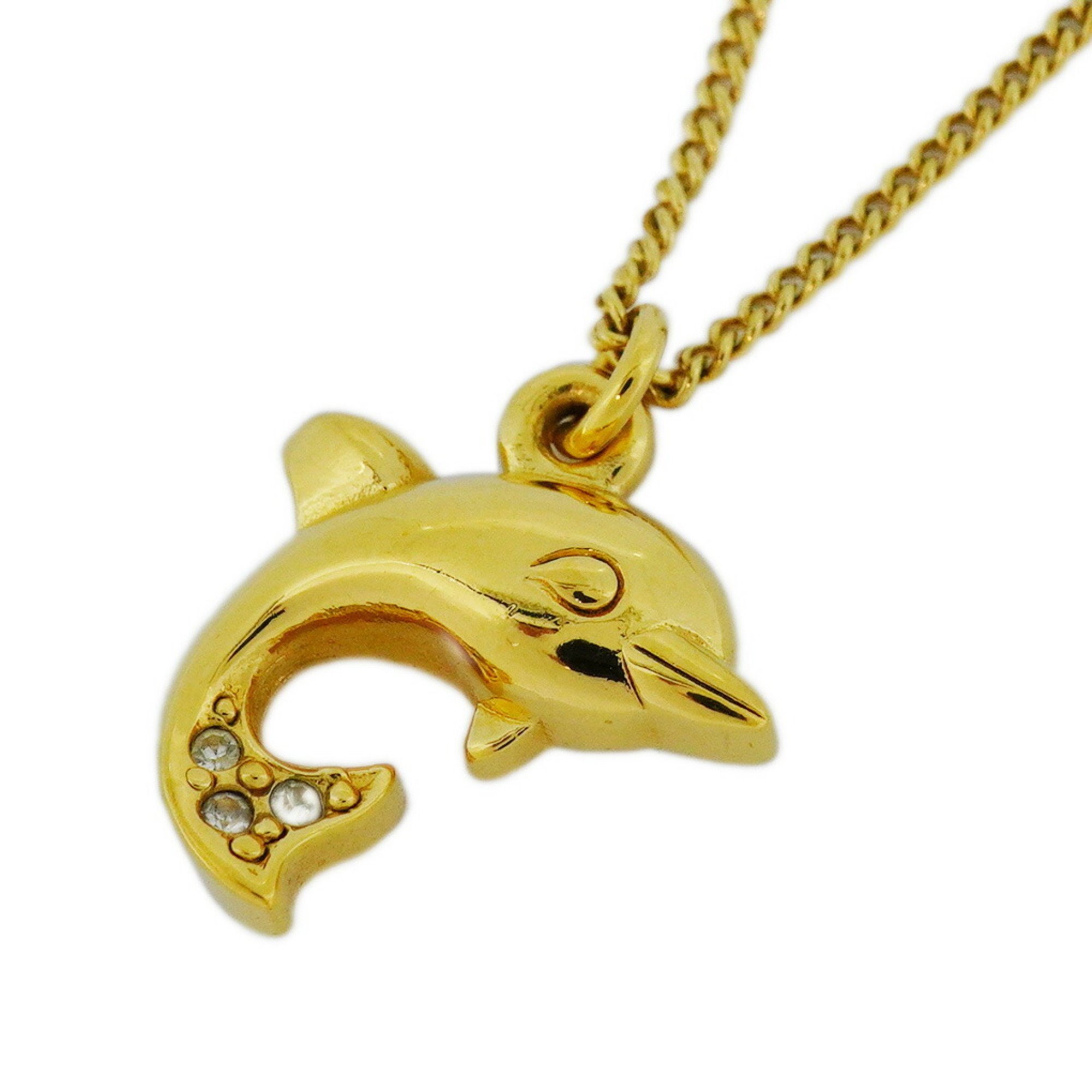 Christian Dior Necklace Dolphin Motif Rhinestone GP Plated Gold Women's