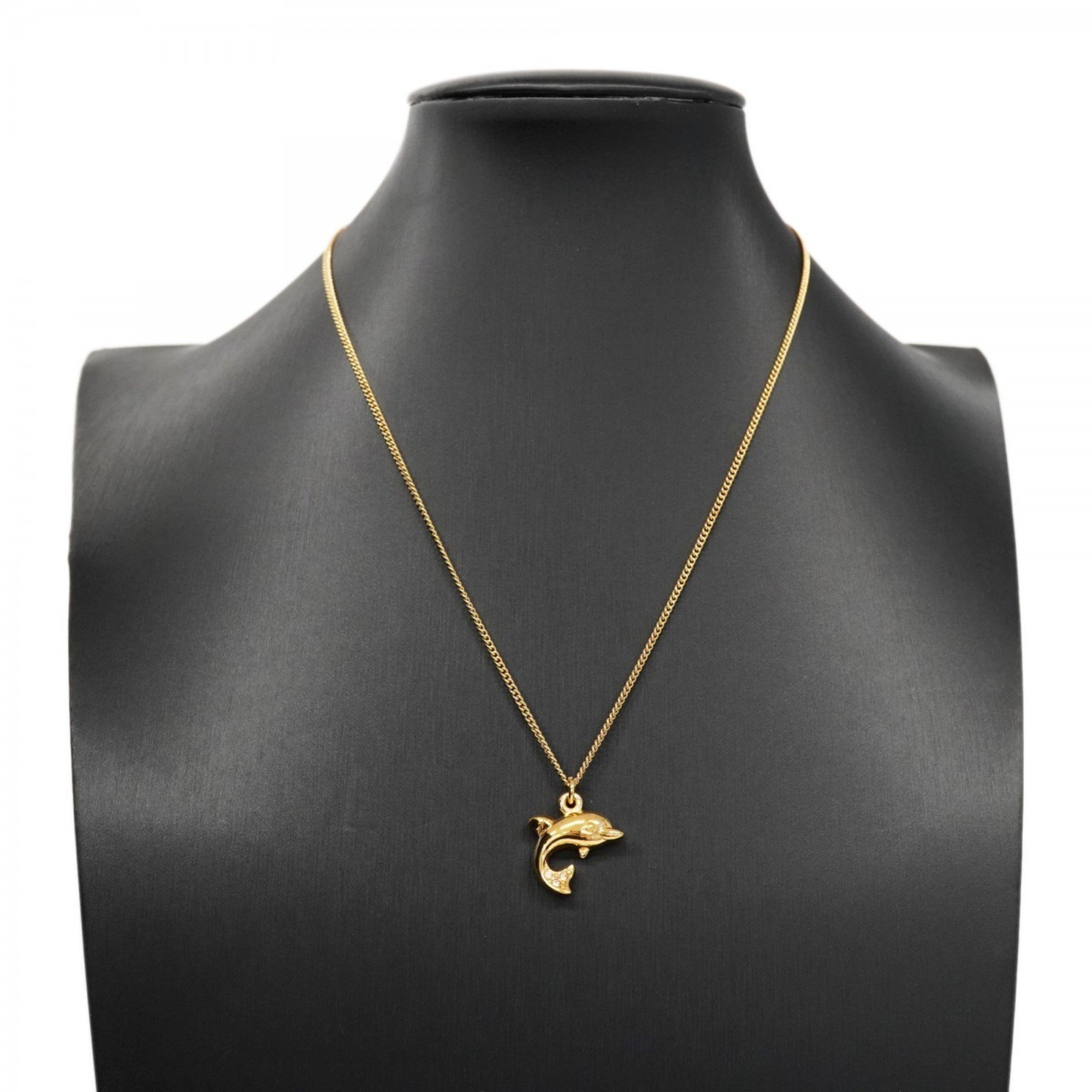 Christian Dior Necklace Dolphin Motif Rhinestone GP Plated Gold Women's