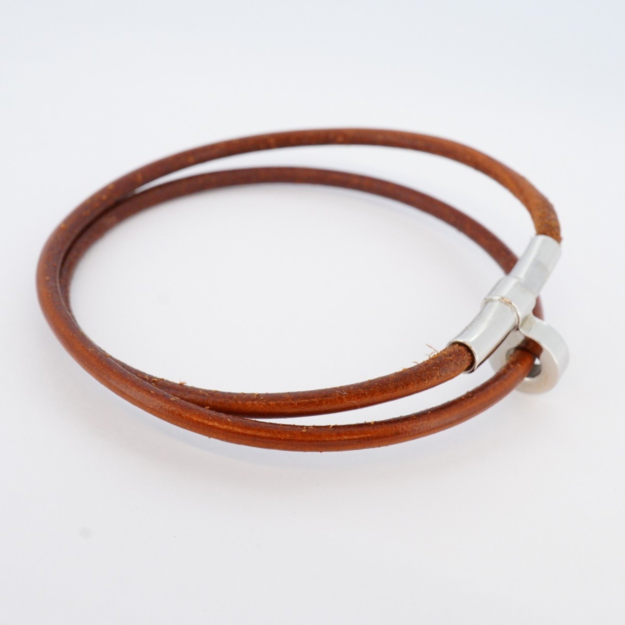 Hermes Bracelet Kitte Metal Leather Silver Brown Men Women