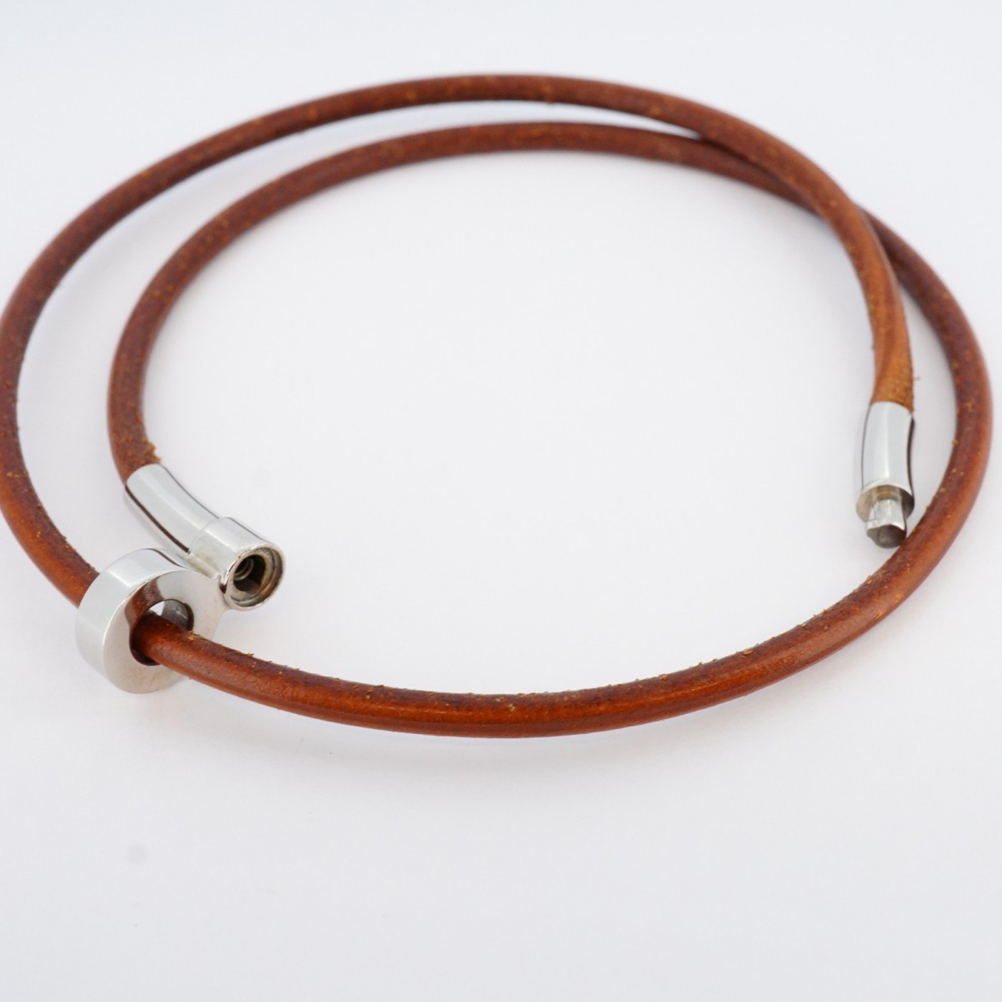 Hermes Bracelet Kitte Metal Leather Silver Brown Men Women