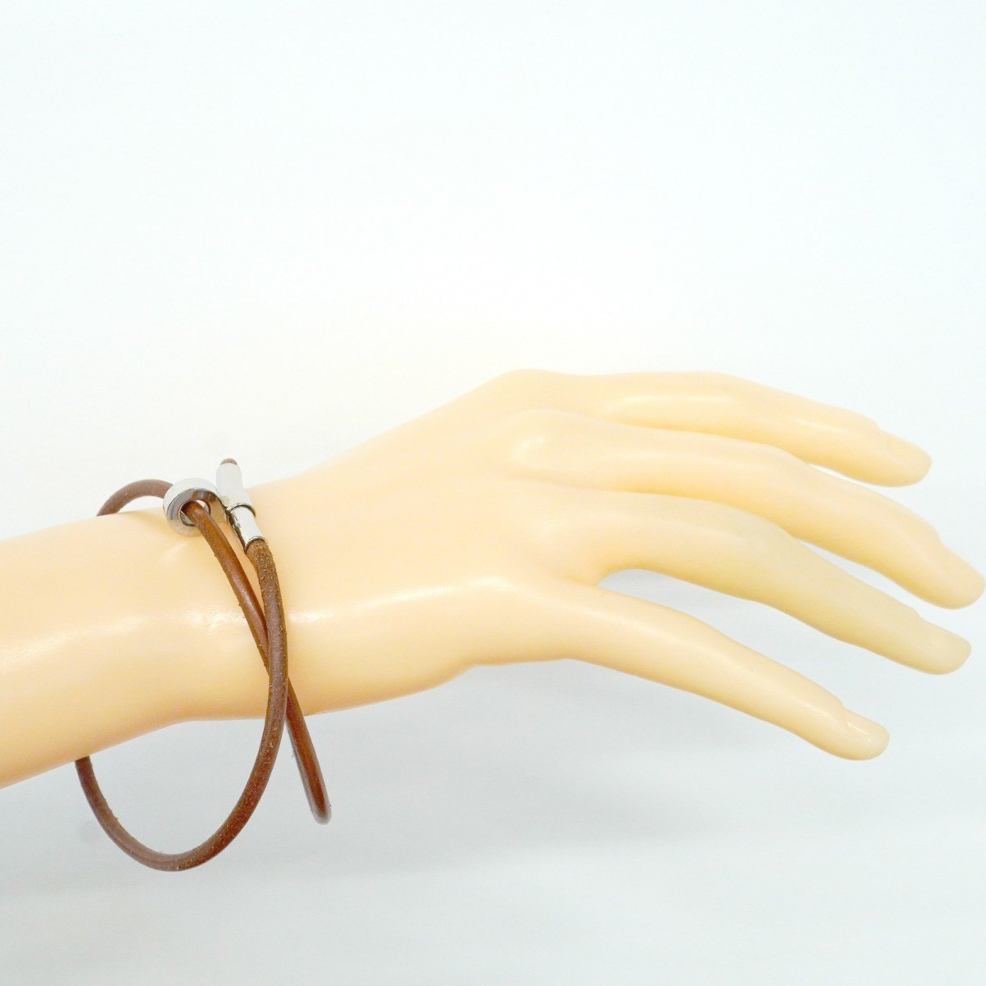 Hermes Bracelet Kitte Metal Leather Silver Brown Men Women