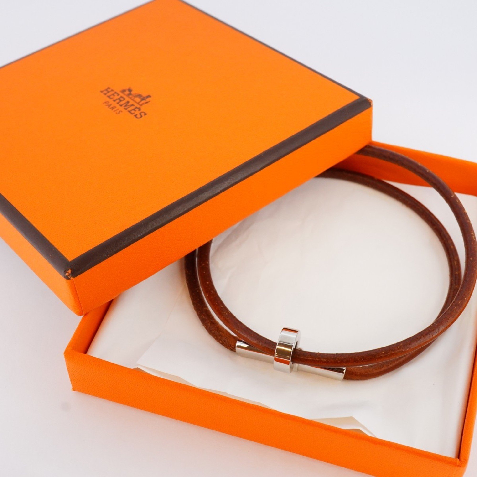 Hermes Bracelet Kitte Metal Leather Silver Brown Men Women