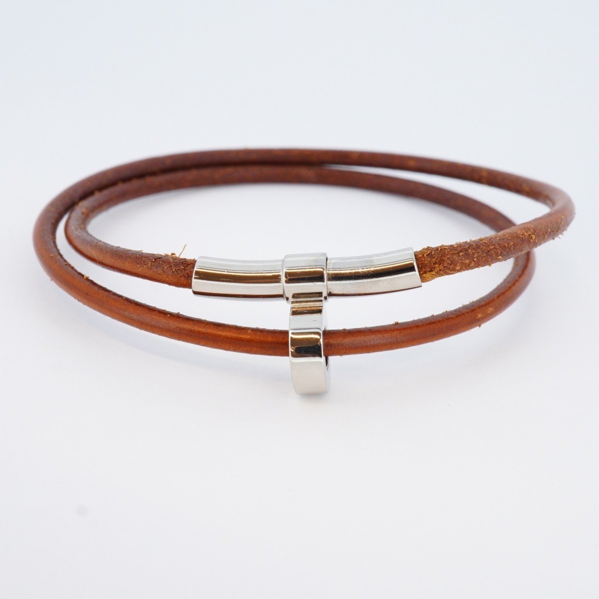 Hermes Bracelet Kitte Metal Leather Silver Brown Men Women