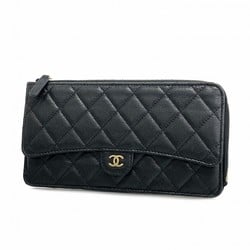 Chanel Long Wallet Matelasse Caviar Skin Black Champagne Ladies