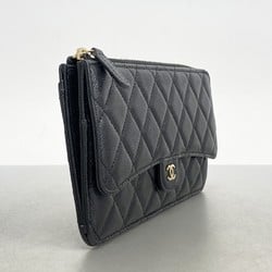 Chanel Long Wallet Matelasse Caviar Skin Black Champagne Ladies