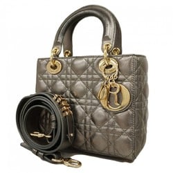 Christian Dior Handbag Cannage Lady Leather Metallic Grey Champagne Ladies