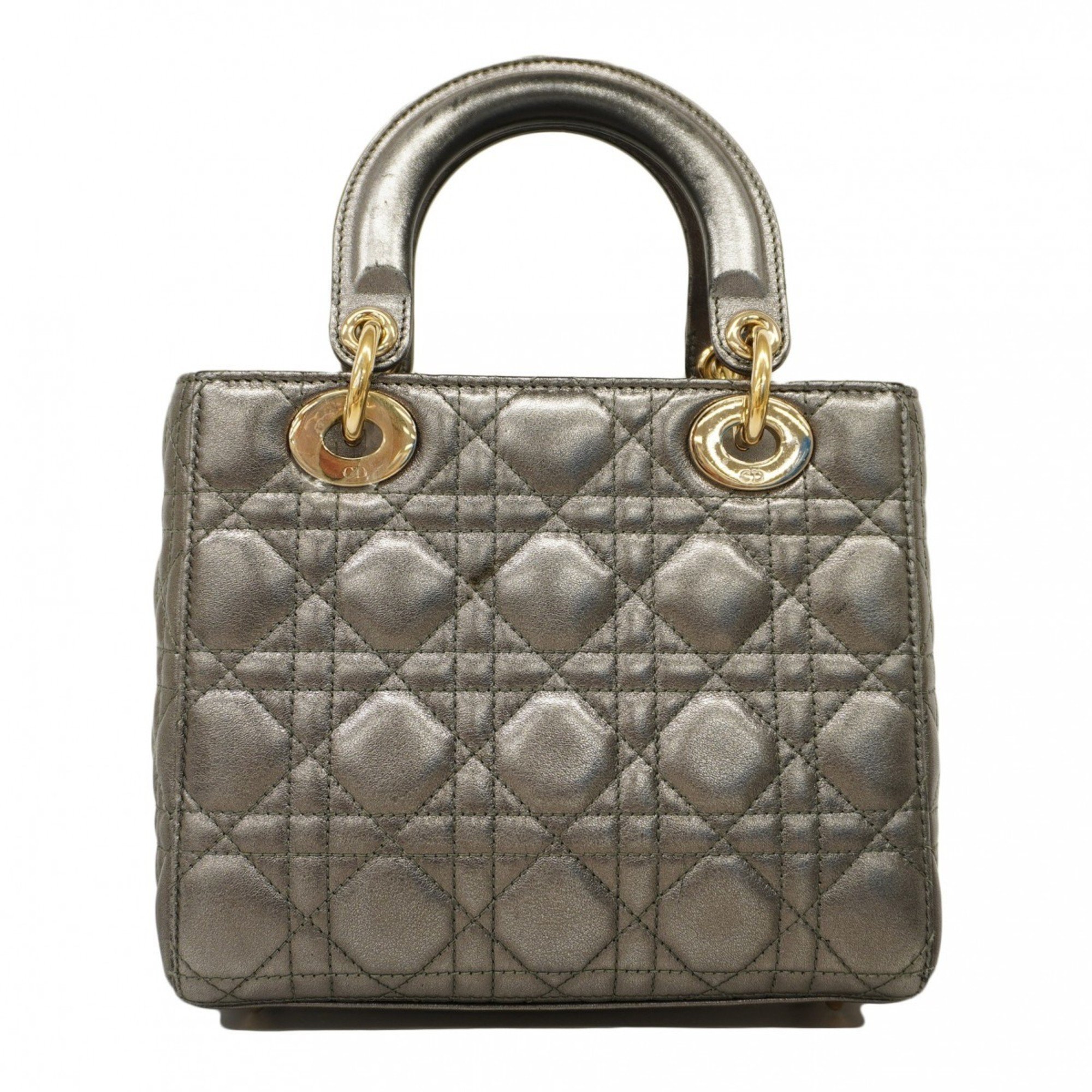 Christian Dior Handbag Cannage Lady Leather Metallic Grey Champagne Ladies