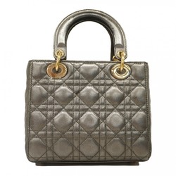 Christian Dior Handbag Cannage Lady Leather Metallic Grey Champagne Ladies