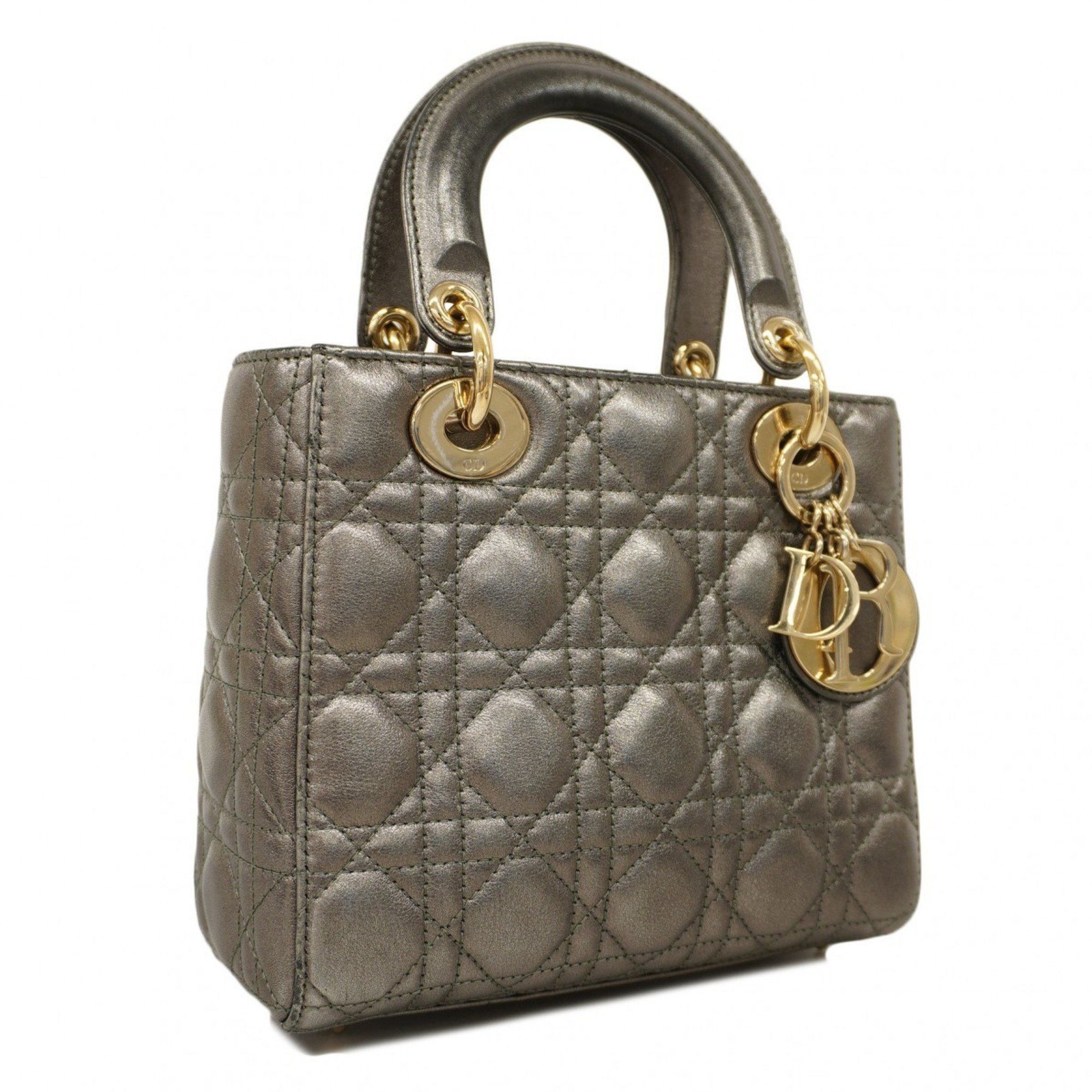 Christian Dior Handbag Cannage Lady Leather Metallic Grey Champagne Ladies