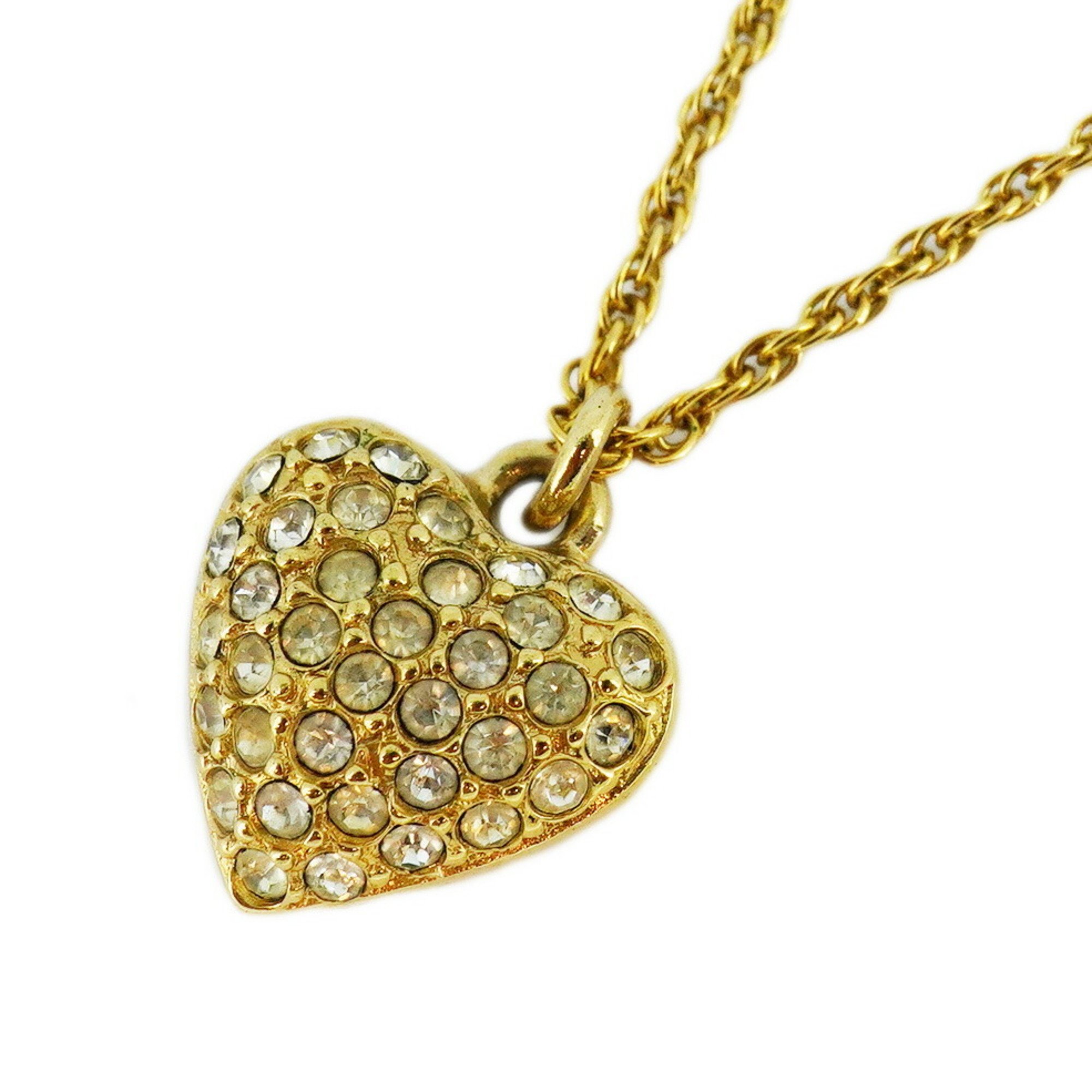 Christian Dior Necklace Heart Motif Rhinestone GP Plated Gold Women's