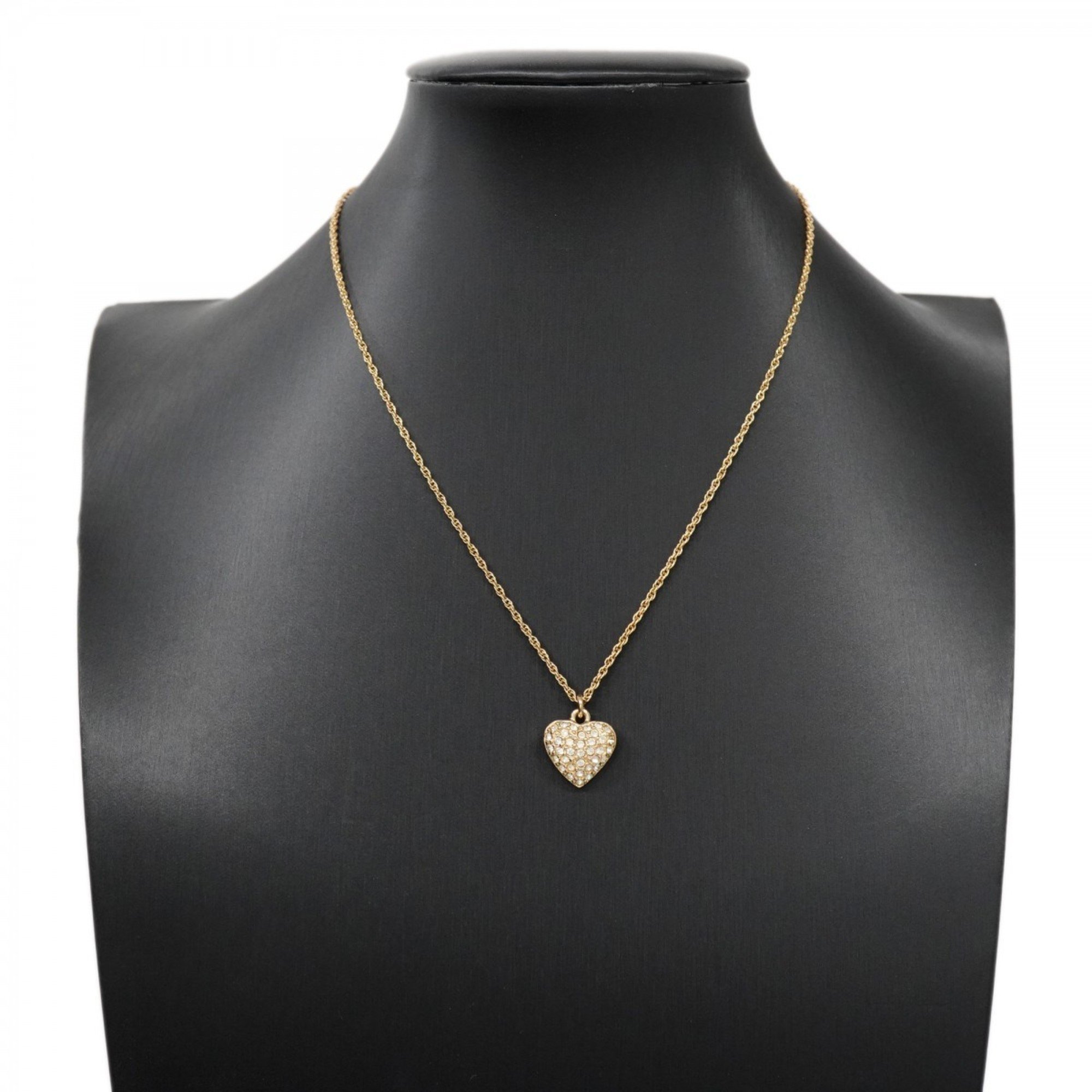 Christian Dior Necklace Heart Motif Rhinestone GP Plated Gold Women's