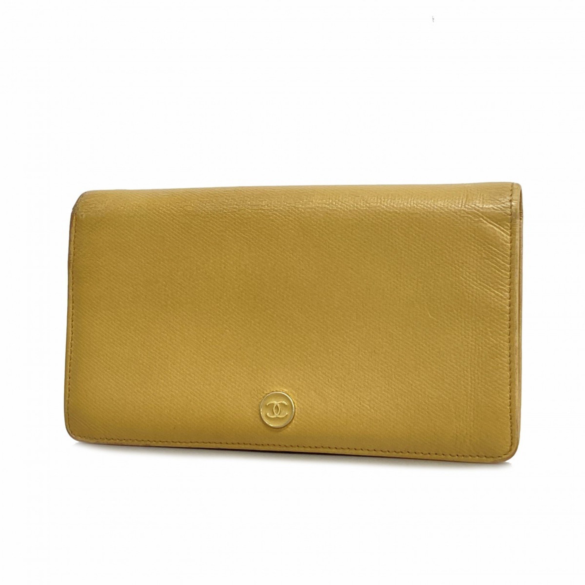 Chanel Long Wallet Coco Button Leather Beige Women's