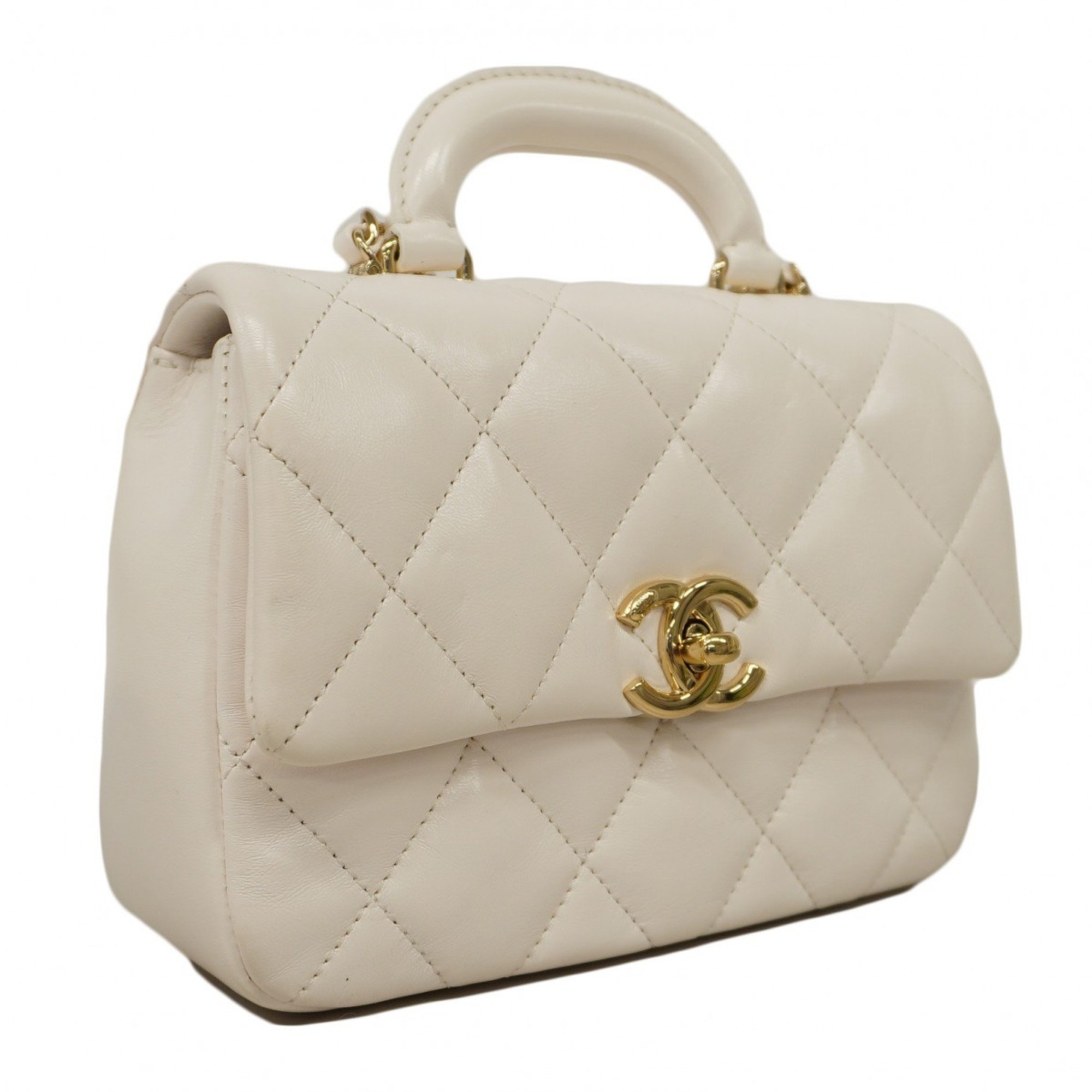 Chanel Shoulder Bag Matelasse Lambskin White Champagne Ladies