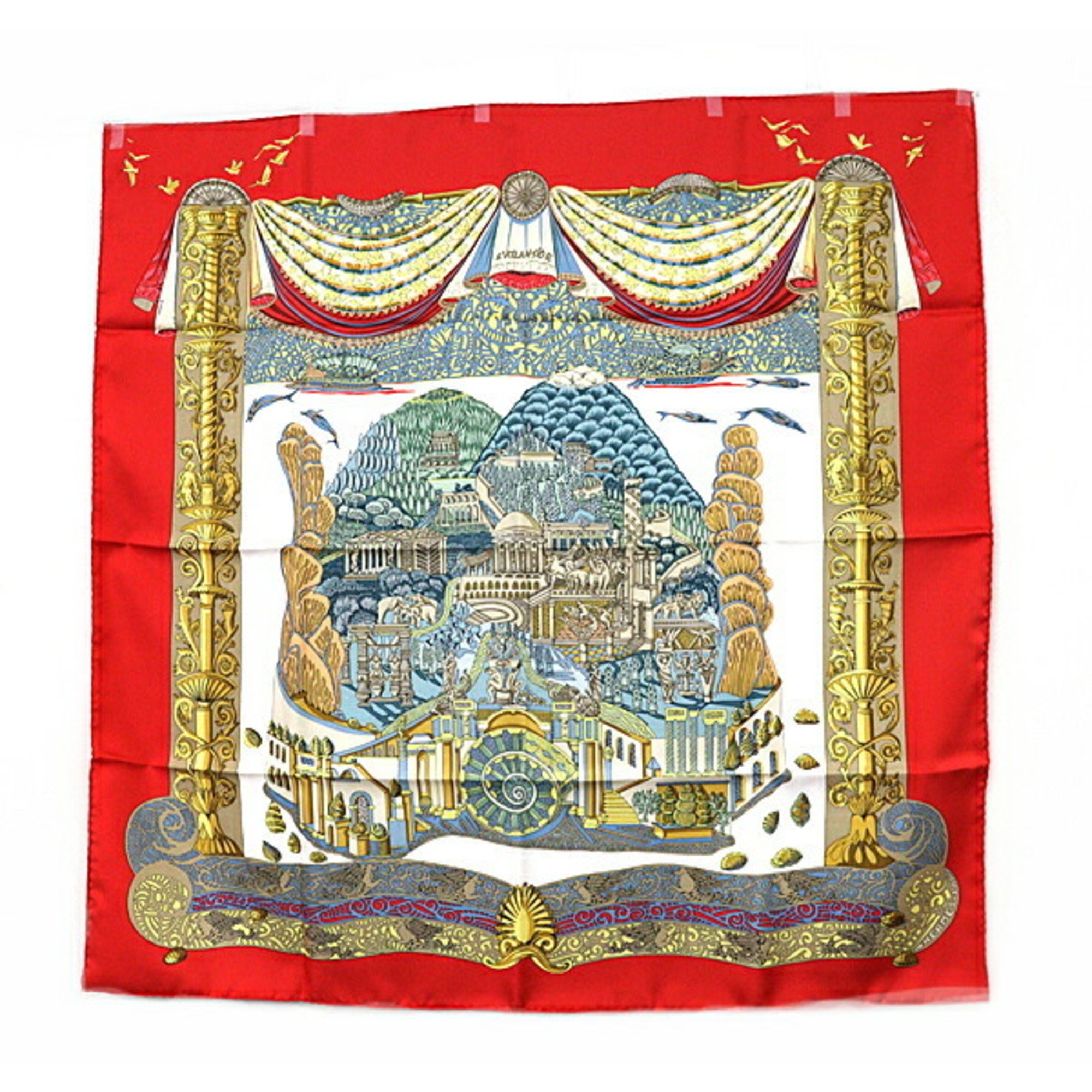 Hermes Scarf Muffler Carre 90 L'ATLANTIDE Atlantis 100% Silk Red Multicolor