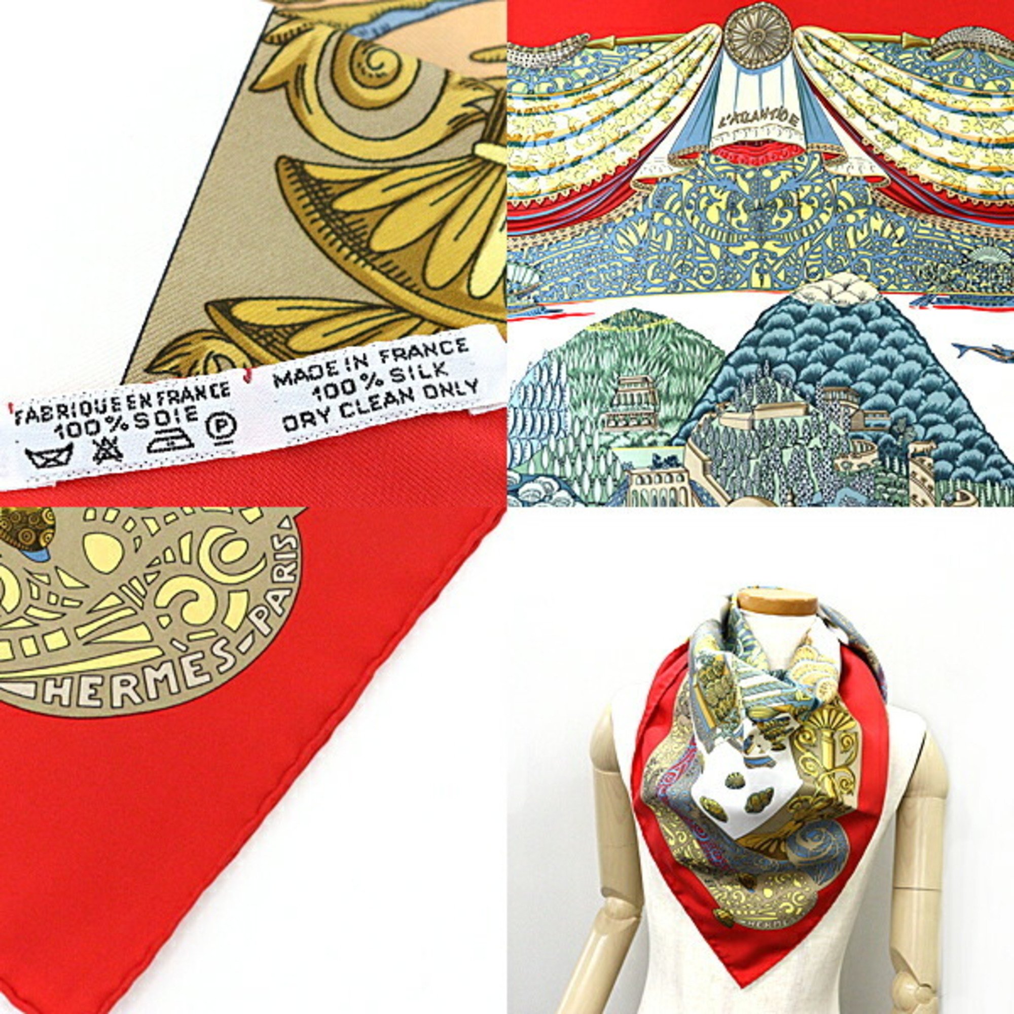 Hermes Scarf Muffler Carre 90 L'ATLANTIDE Atlantis 100% Silk Red Multicolor