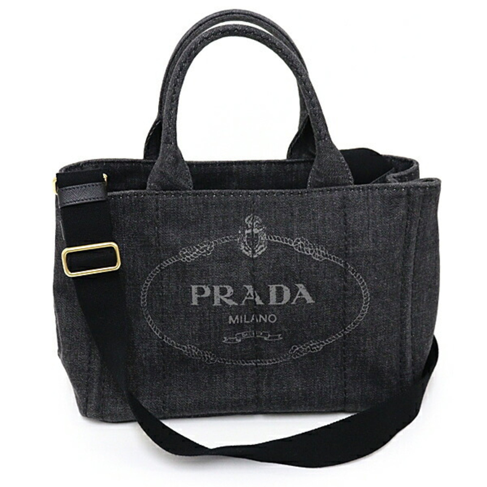 PRADA Canapa Tote Bag Handbag Shoulder Denim 1BG439 Black