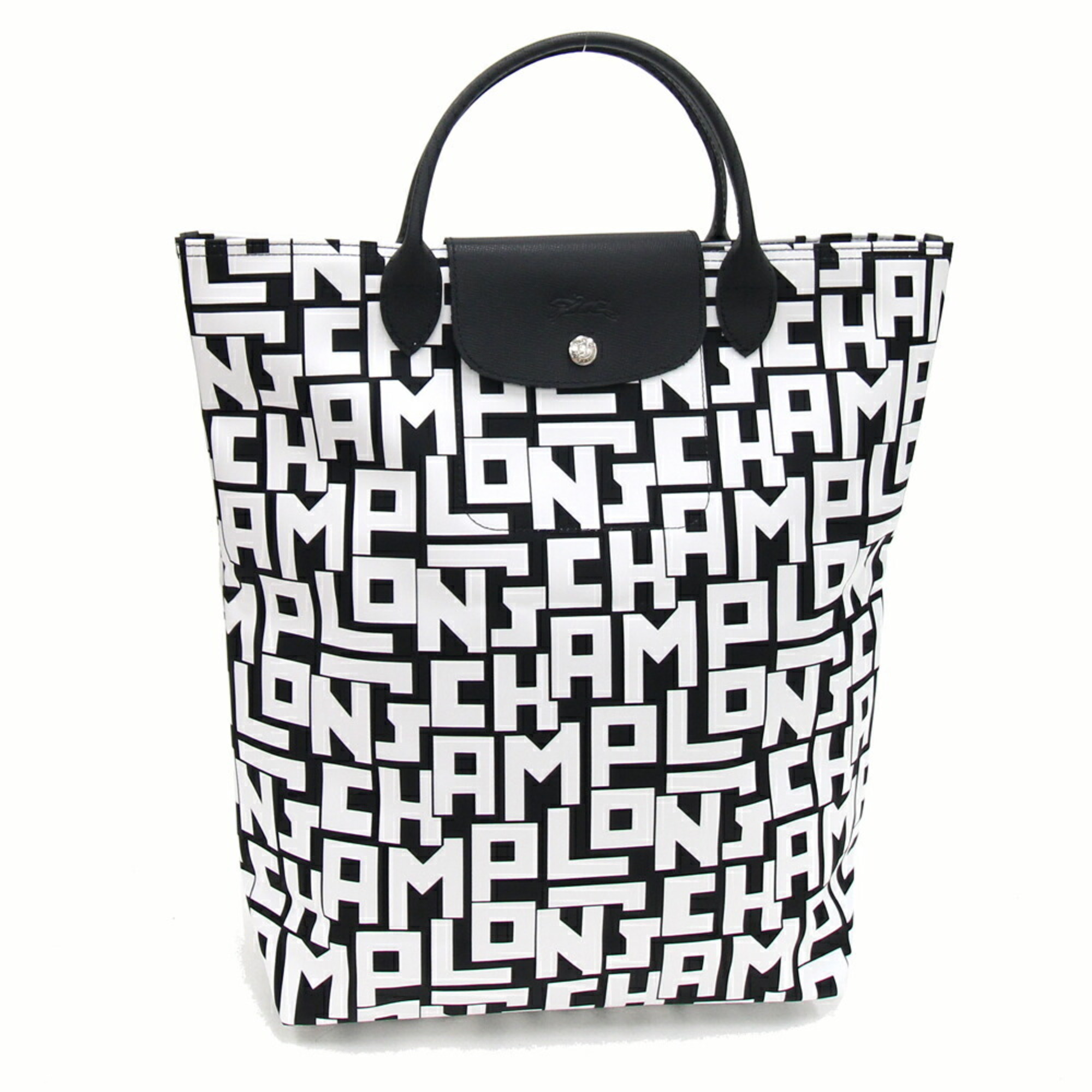 Longchamp Handbag Le Pliage LGP 10168412067 Black White Polyamide Canvas Leather Tote Women's LONGCHAMP