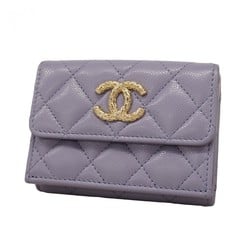 Chanel Tri-fold Wallet Matelasse Caviar Skin Purple Champagne Ladies