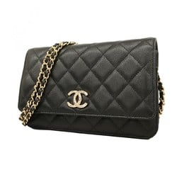 Chanel Shoulder Wallet Matelasse Caviar Skin Black Champagne Ladies