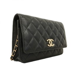 Chanel Shoulder Wallet Matelasse Caviar Skin Black Champagne Ladies