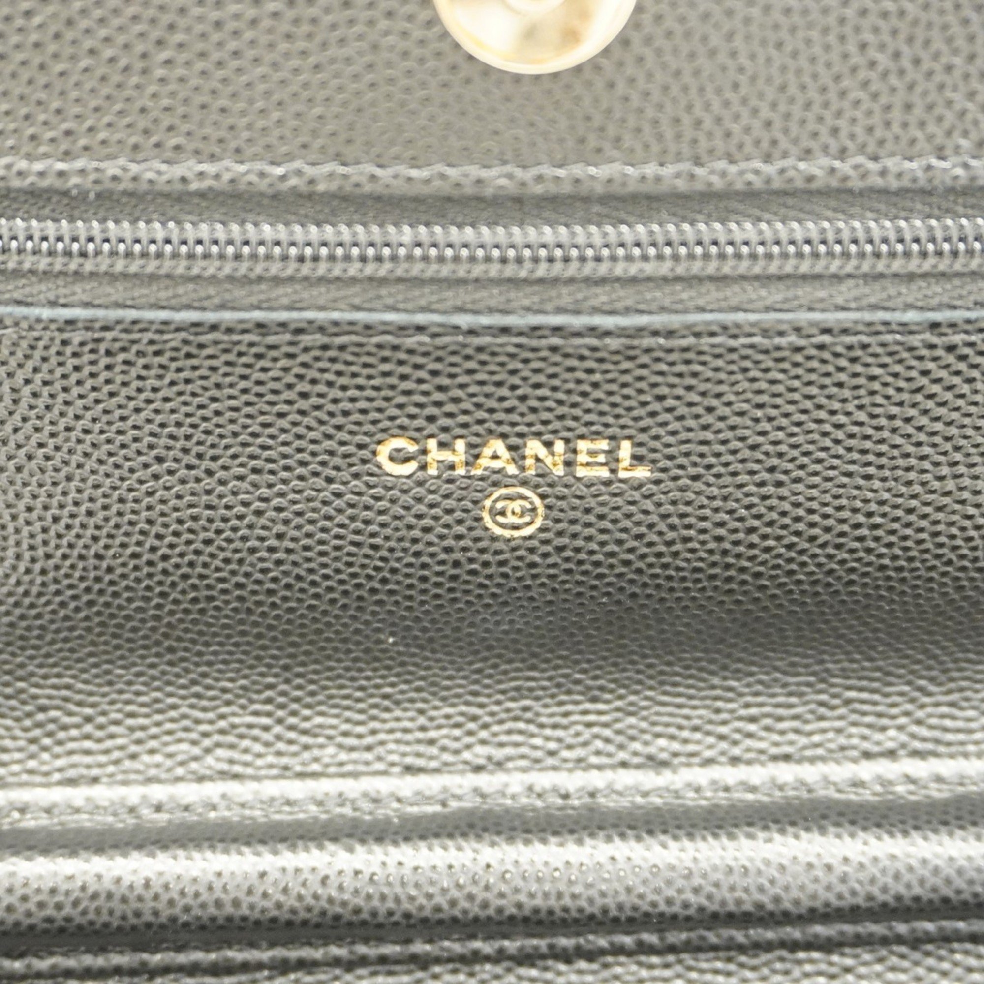 Chanel Shoulder Wallet Matelasse Caviar Skin Black Champagne Ladies