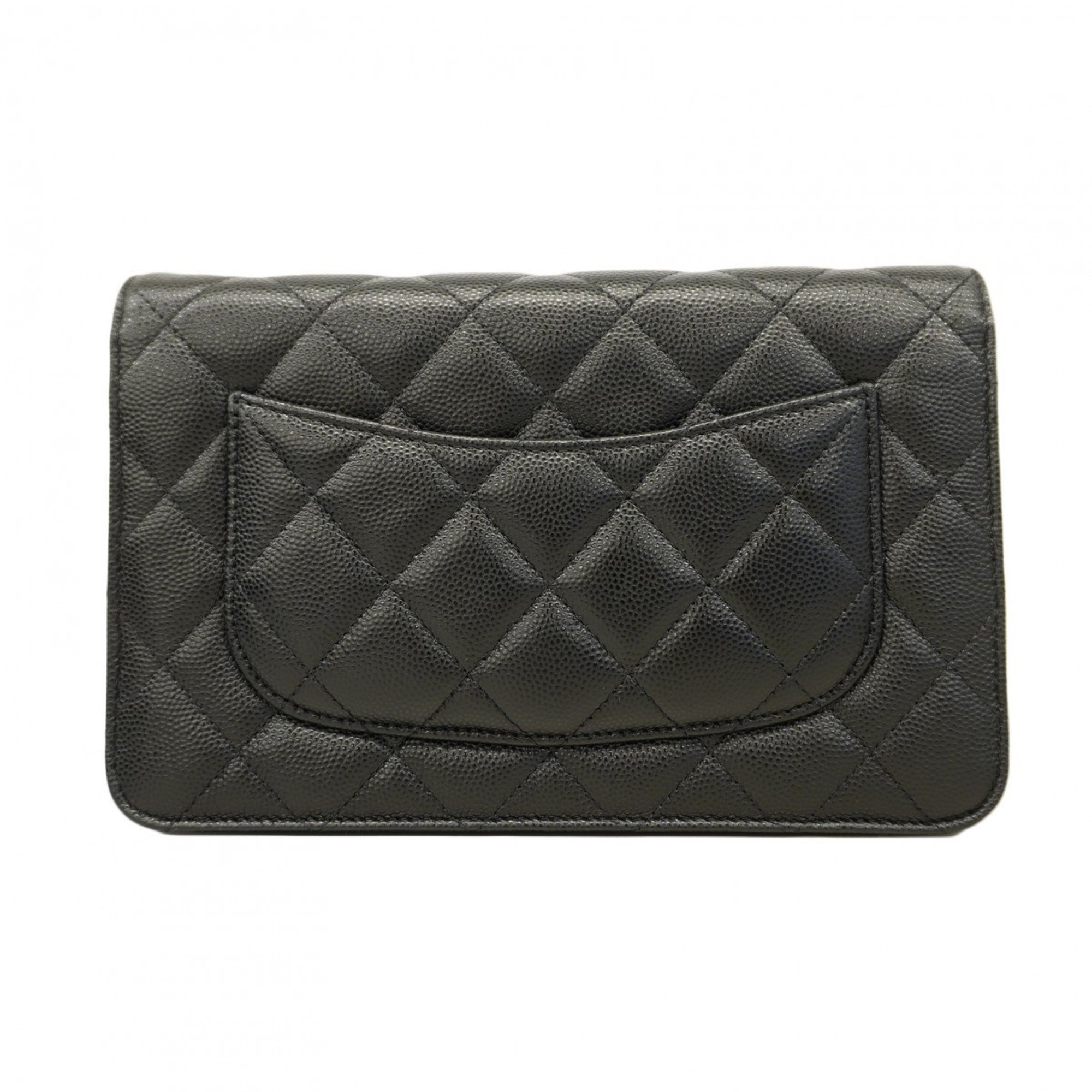 Chanel Shoulder Wallet Matelasse Caviar Skin Black Champagne Ladies