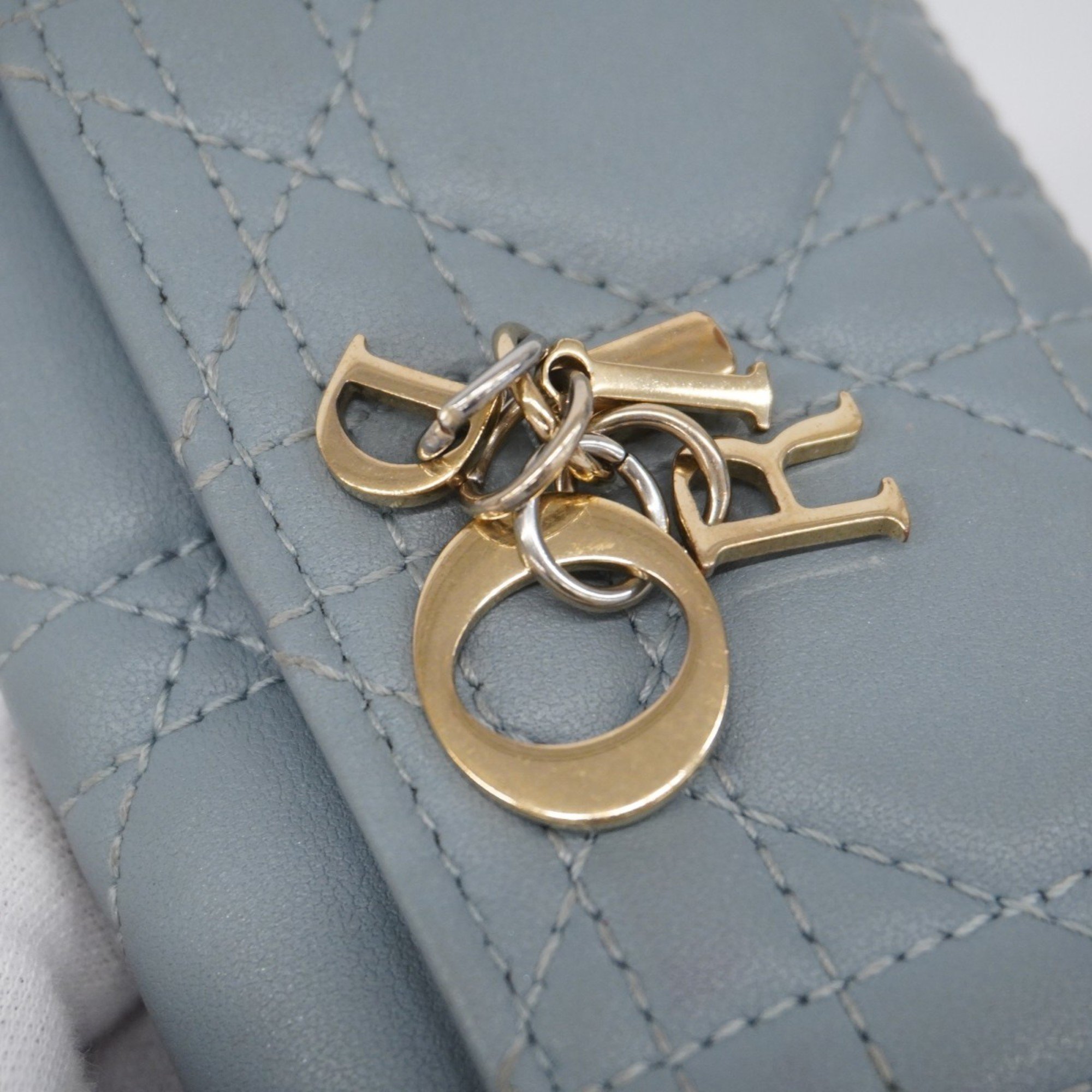 Christian Dior Key Case Cannage Leather Grey Champagne Ladies