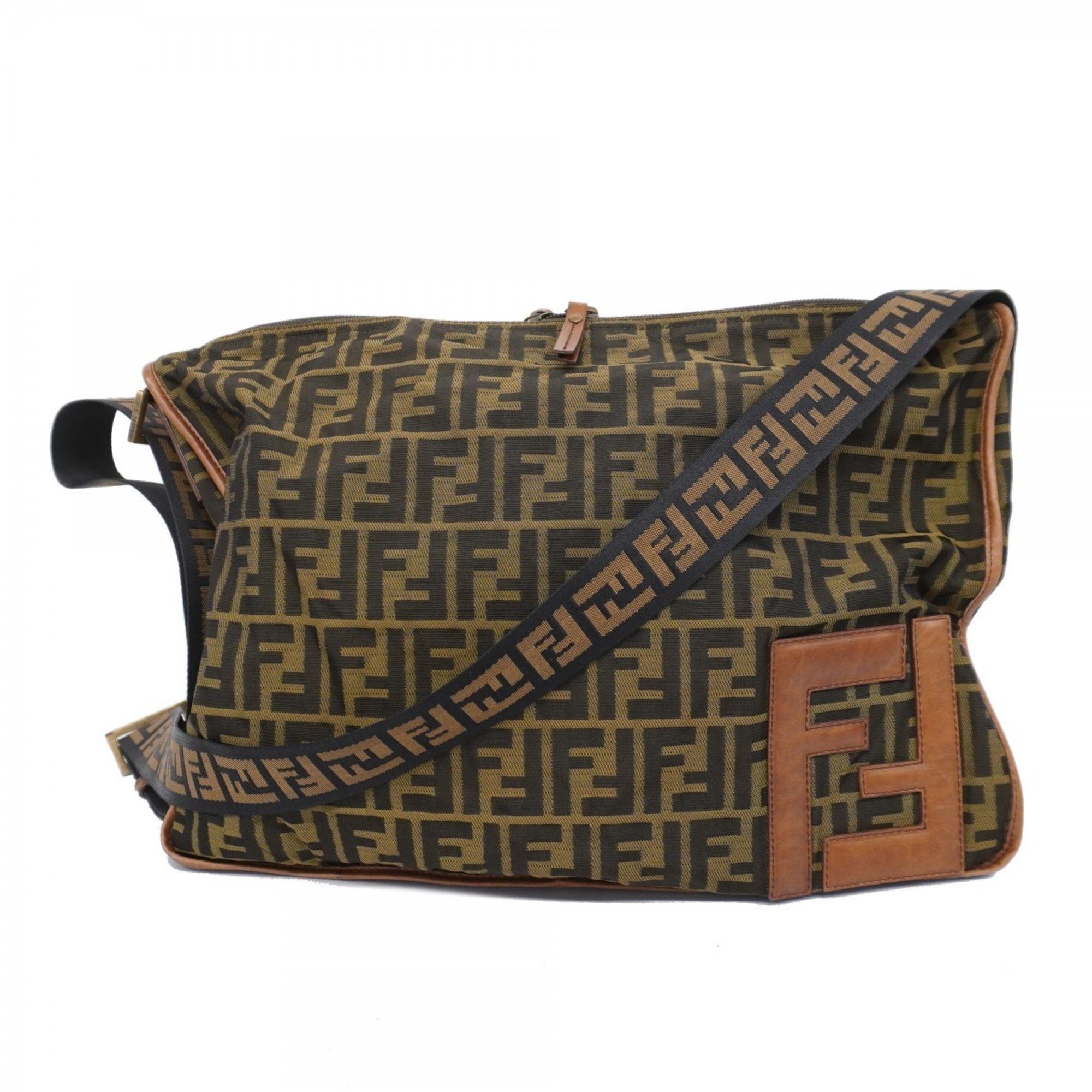 Fendi Shoulder Bag Zucca Nylon Canvas Khaki Brown Women's