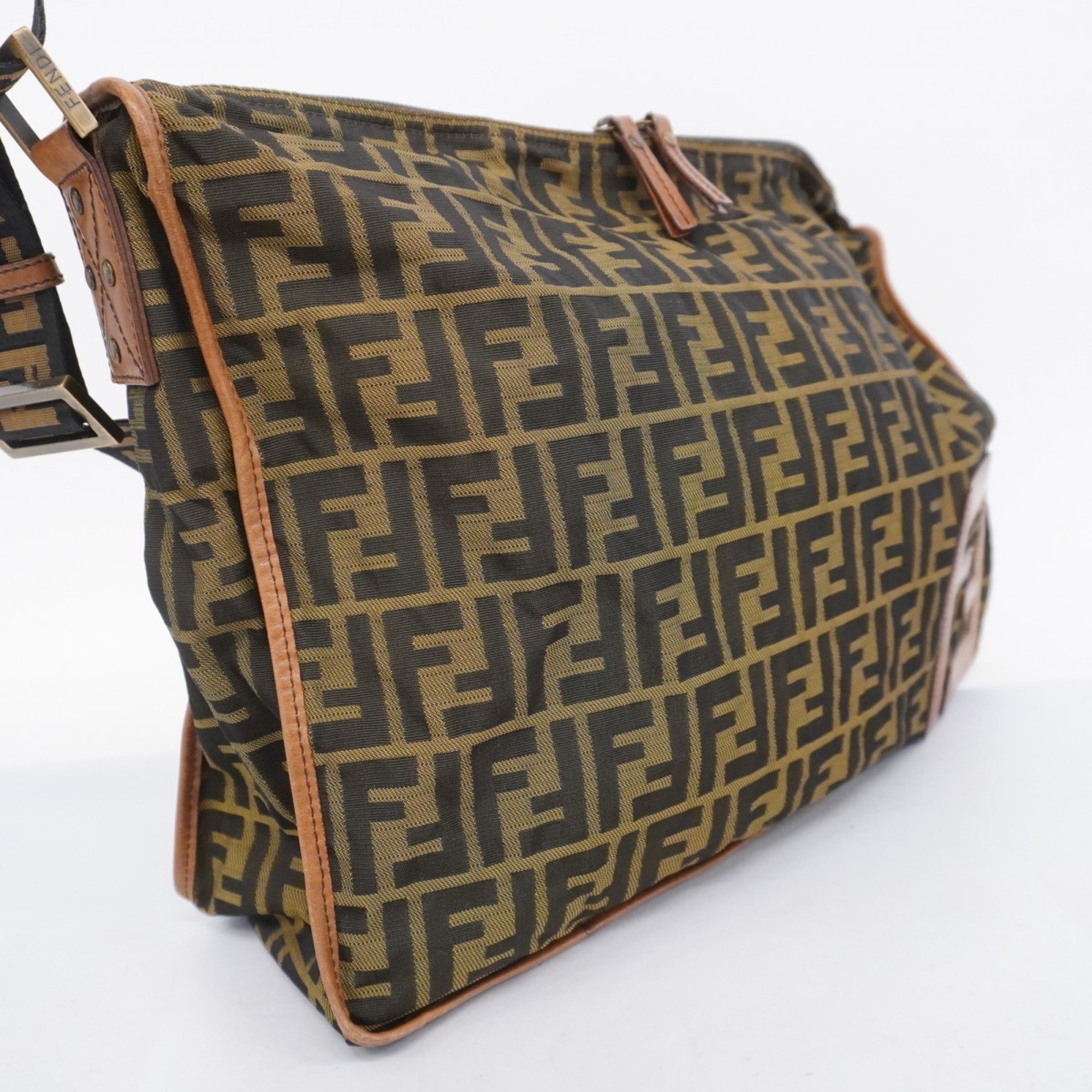 Fendi Shoulder Bag Zucca Nylon Canvas Khaki Brown Women's