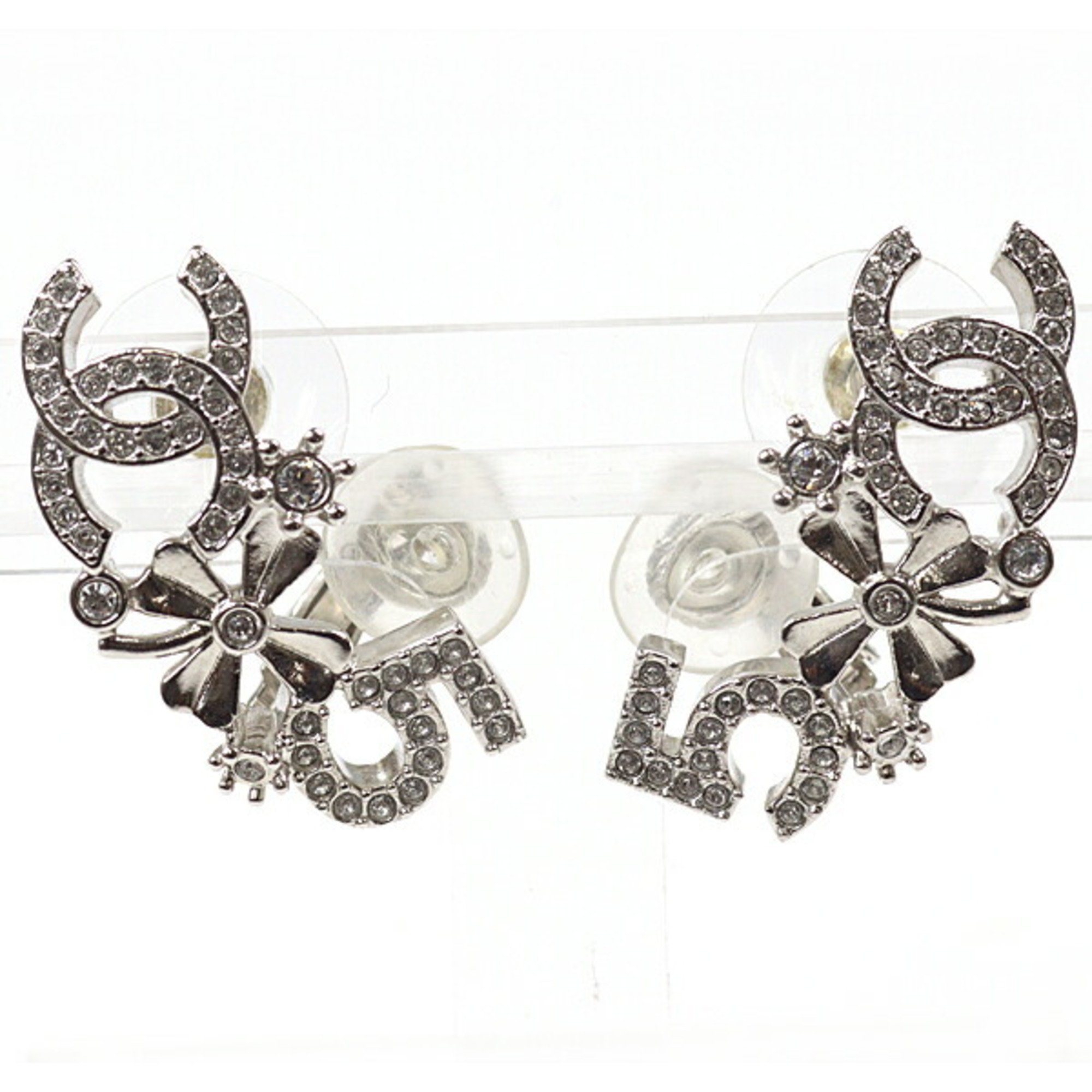 CHANEL Coco Mark Four Leaf Clover No.5 Earrings Strass Metal AB32 Crystal Silver