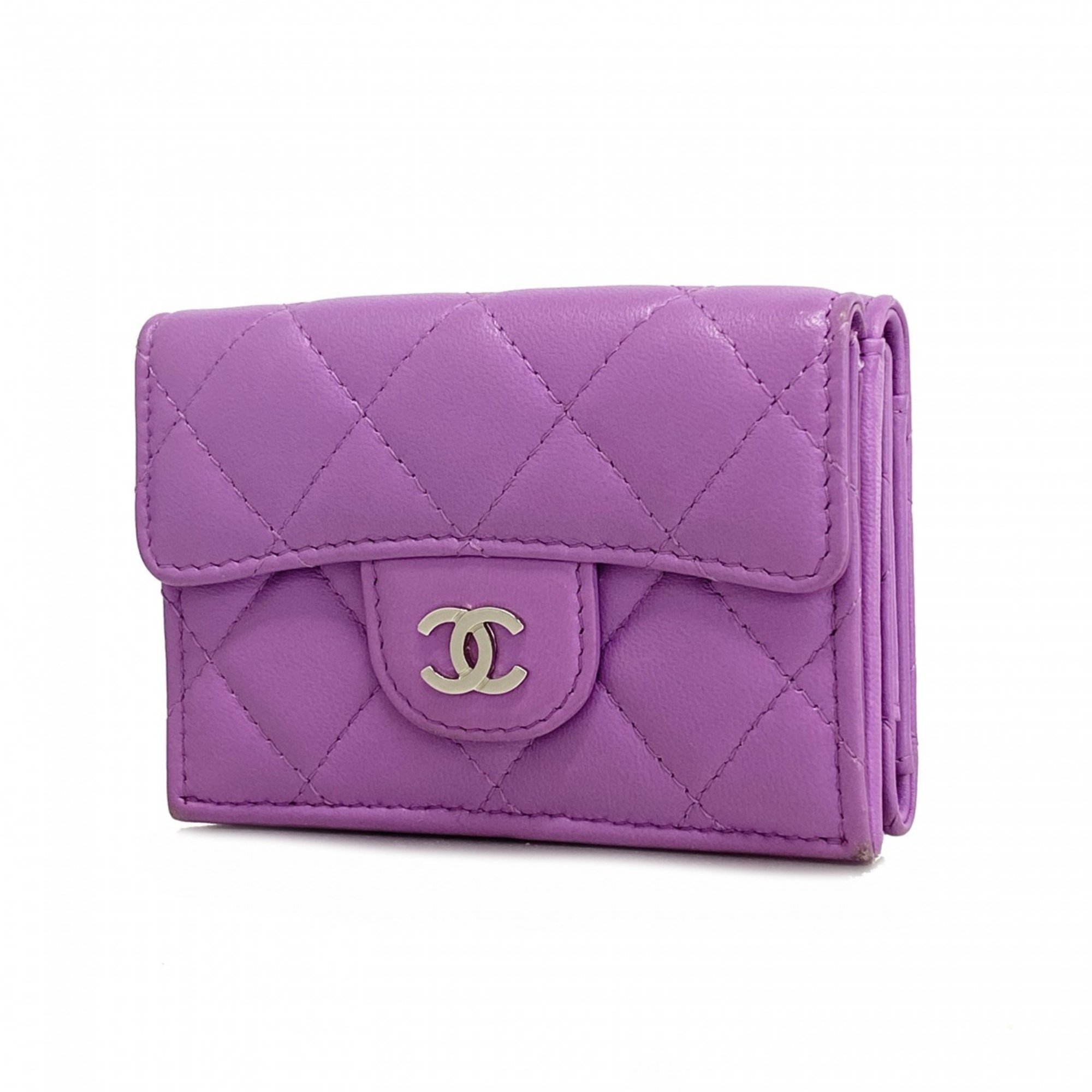 Chanel Tri-fold Wallet Matelasse Lambskin Purple Women's