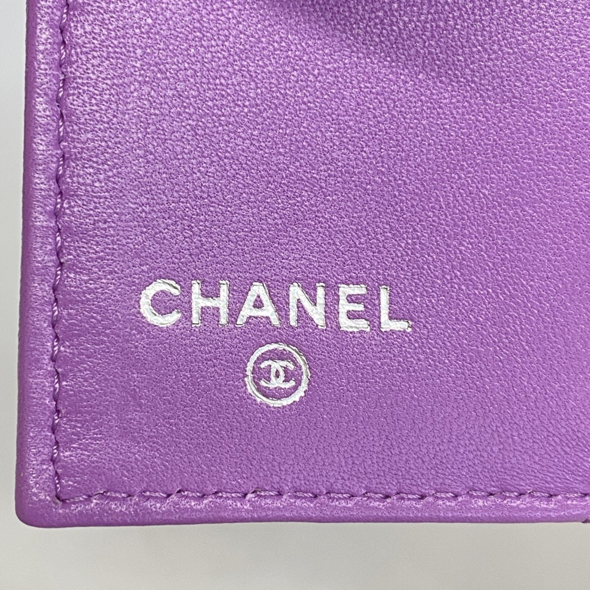 Chanel Tri-fold Wallet Matelasse Lambskin Purple Women's