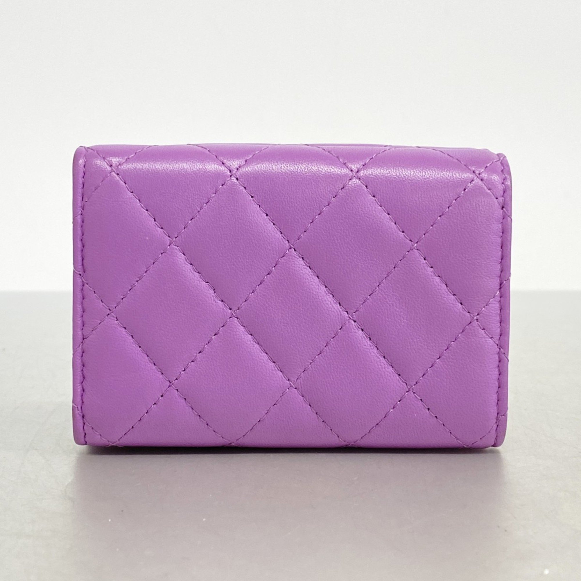 Chanel Tri-fold Wallet Matelasse Lambskin Purple Women's