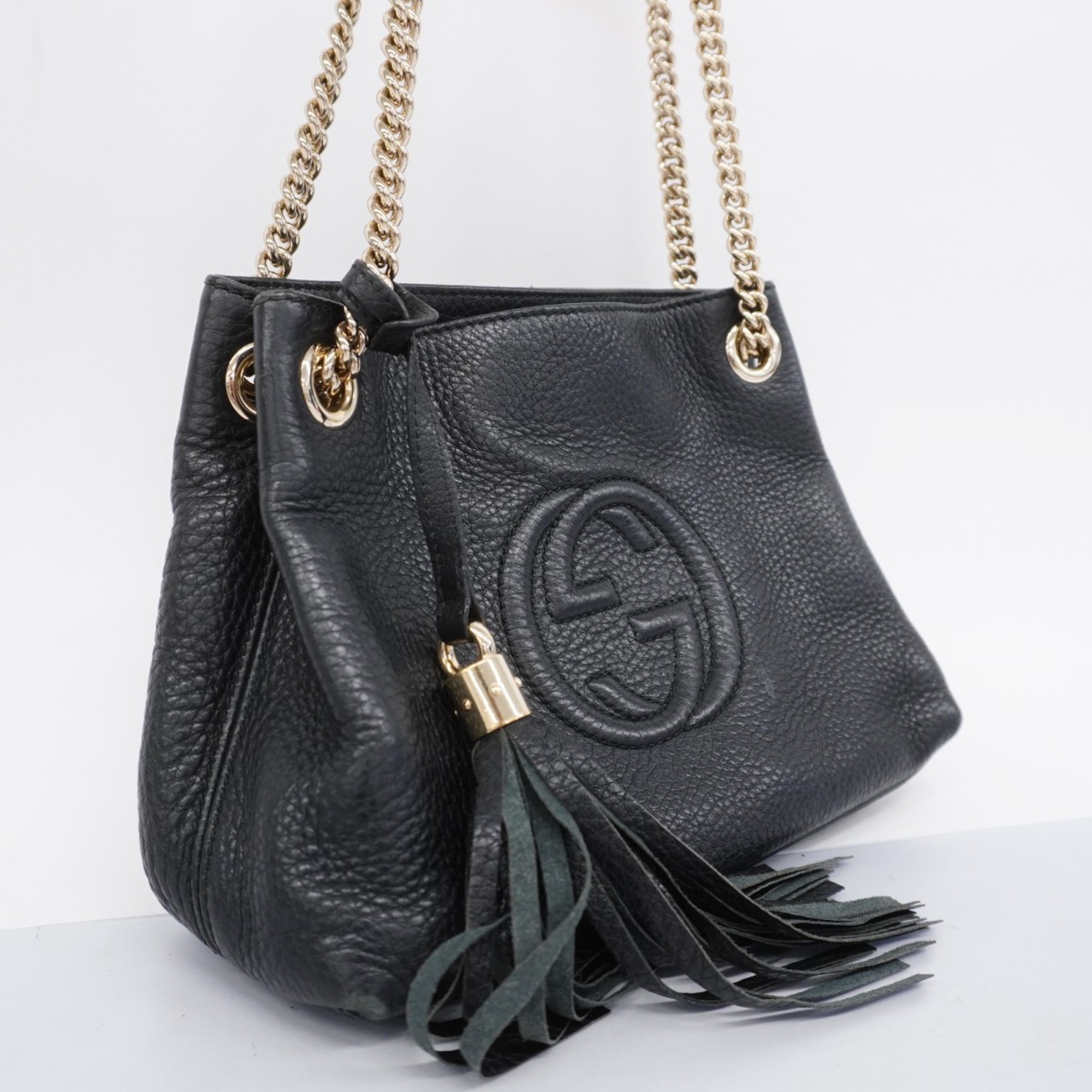 Gucci Shoulder Bag Soho 387043 Leather Black Champagne Women's