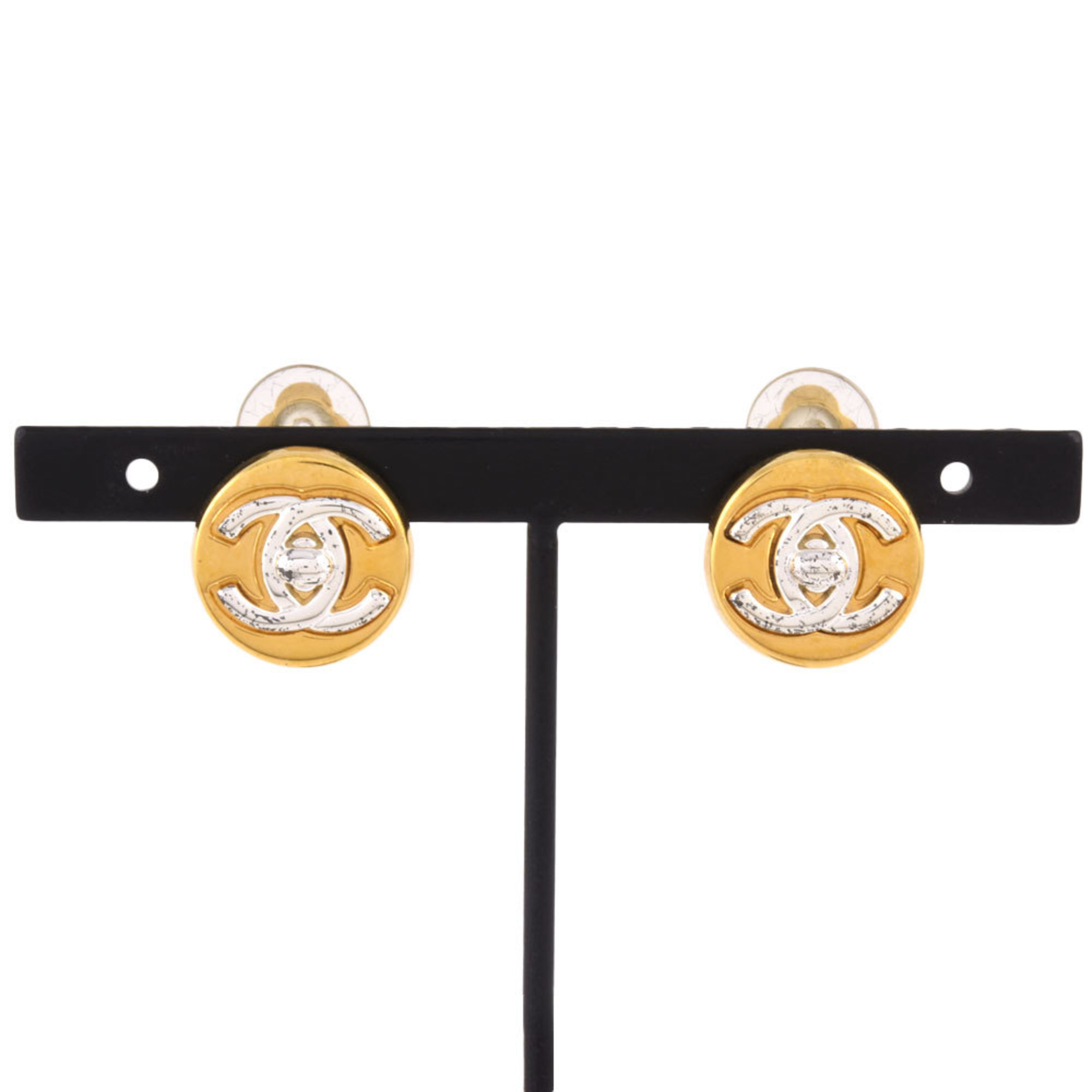 Chanel CHANEL Coco Mark Turn Lock Design Earrings 97A Engraved GP Gold Silver Women's