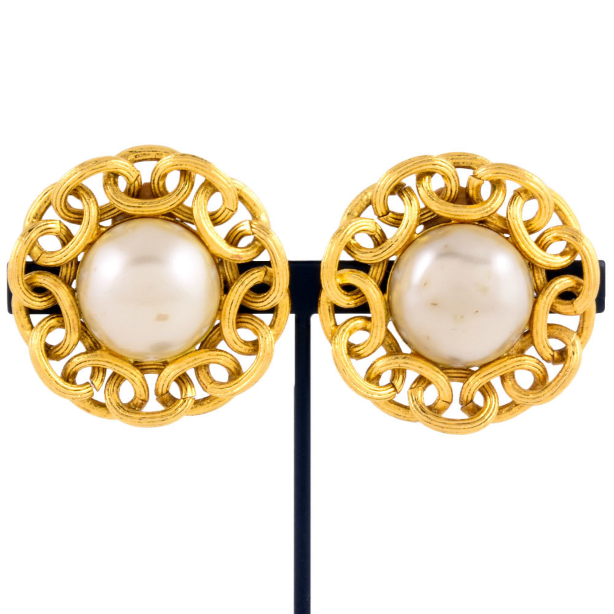 CHANEL Earrings 25 Engraved GP Fake Pearl Gold Ladies