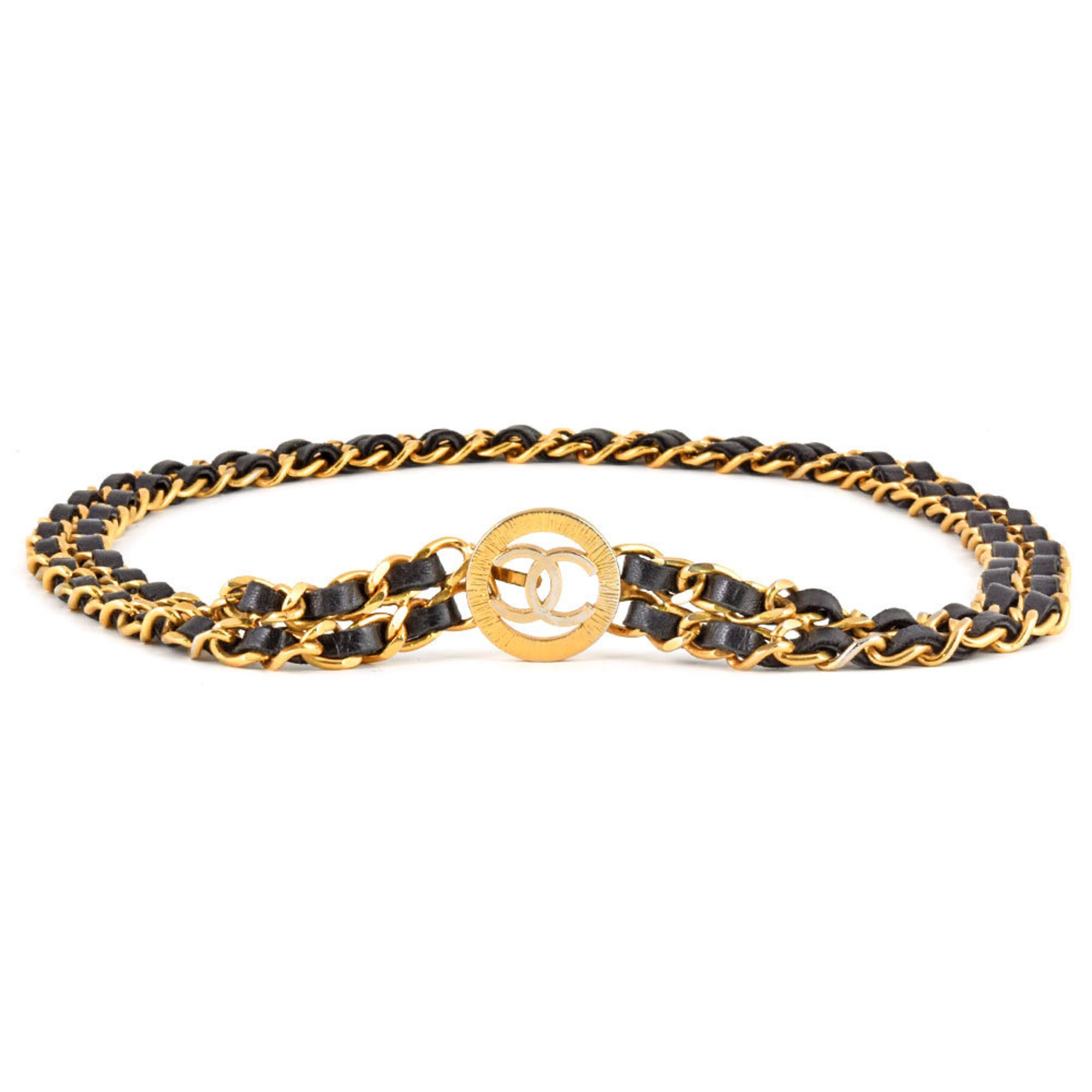 Chanel CHANEL Double Chain Belt Coco Mark Leather GP Gold Ladies