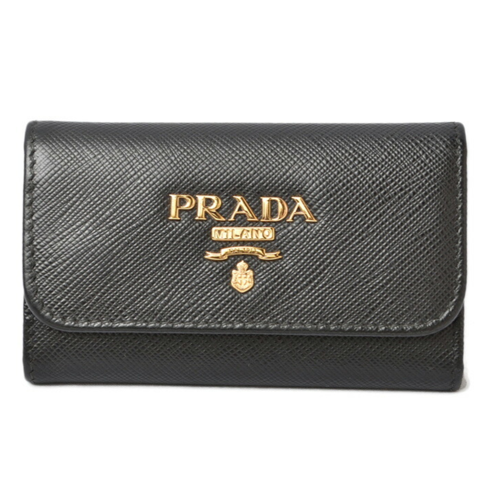 PRADA 6-ring key case, holder, 1PG222, SAFFIANO METAL, embossed leather, NERO, black, outlet