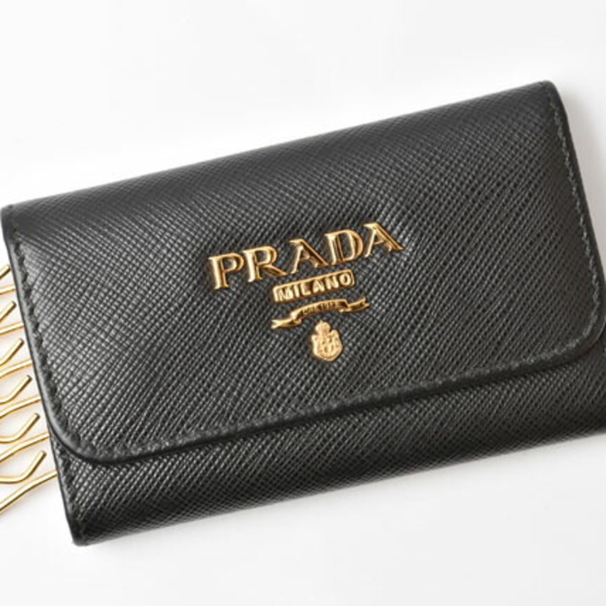 PRADA 6-ring key case, holder, 1PG222, SAFFIANO METAL, embossed leather, NERO, black, outlet