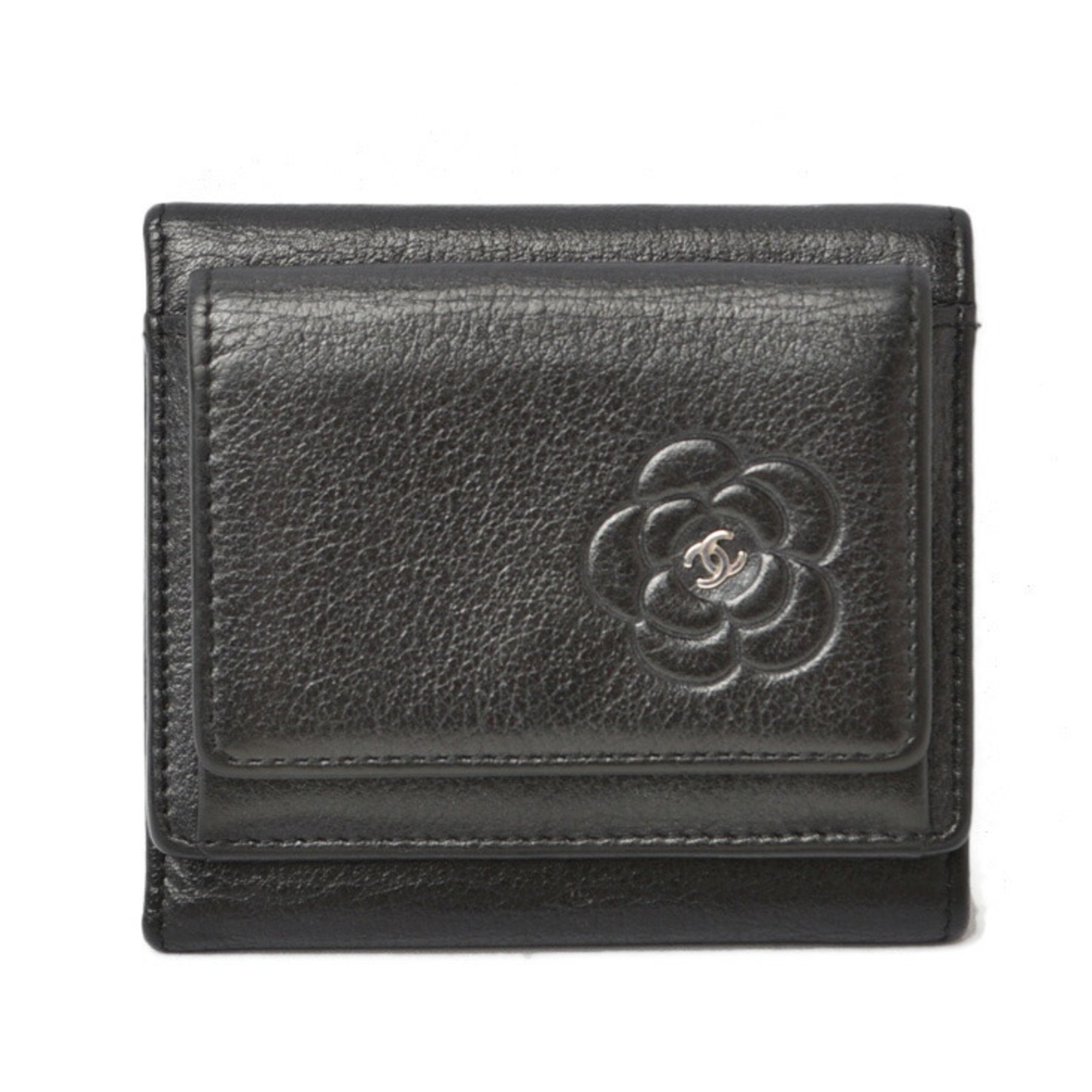 CHANEL Wallet Tri-fold Compact Camellia Lambskin Black