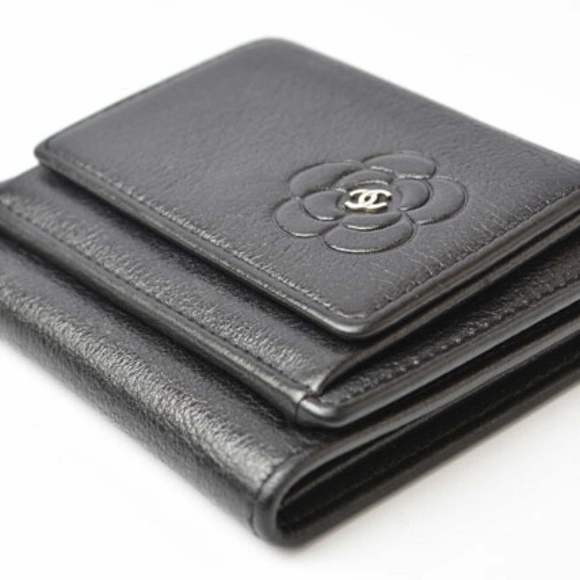 CHANEL Wallet Tri-fold Compact Camellia Lambskin Black