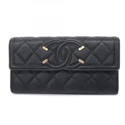 Chanel Long Wallet Matelasse CC Filigree Caviar Skin Black Women's