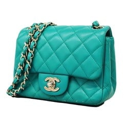 Chanel Shoulder Bag Matelasse Lambskin Blue Green Women's