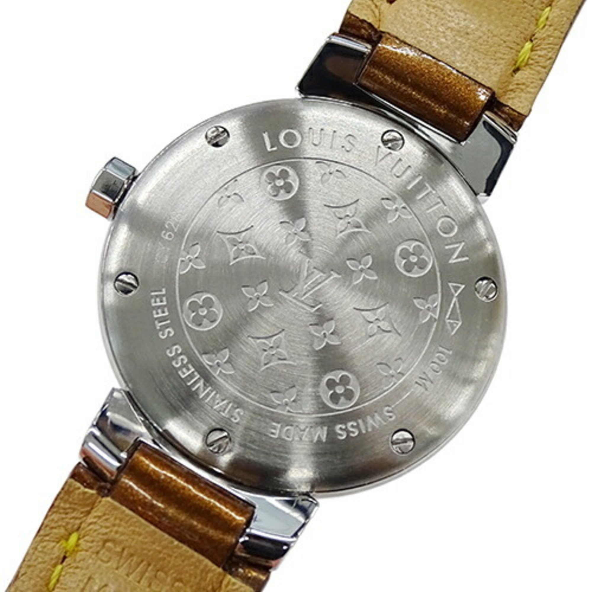 Louis Vuitton LOUIS VUITTON Watch Women's Tambour Date Quartz Stainless Steel SS Leather Q1211 Brown Silver Overhauled and Polished